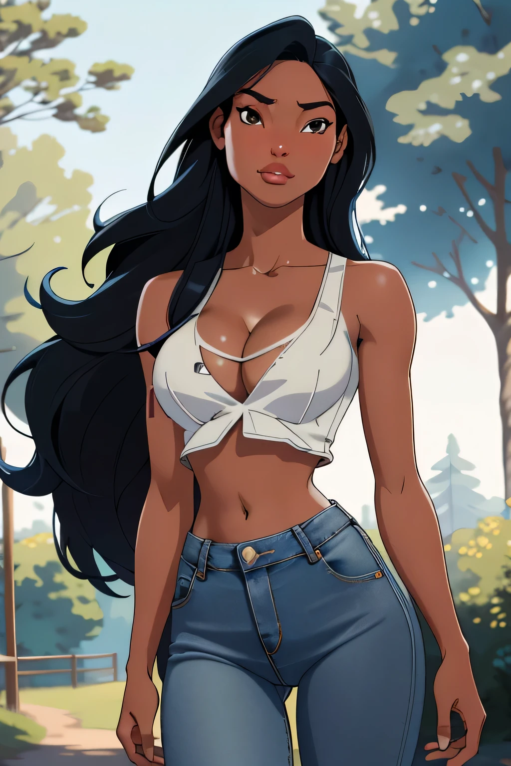 1girl in, 18, Pocahontas Waifu, photo of perfect woman, miniature ferry, Solo, Aesthetic artwork, (long hair, very long straight black hair:1.25), (clear skin, tanned skin, large breasts, DD-cup, runners body, very thin waist, skinny, petite, detailed skin texture), (cleavage, focus on breasts:1.2), (wearing an open jean jacket, White tank top, blue jeans:1.1), walking through a dog park, Trees and open fields, (extremely detailed 8k wallpaper), soft lighting, high quality, film grain, Fujifilm XT3 sharp focus, f 5.6, 50mm, High Detail, Sharp focus, (natural light), crazy details, complex details, hyper detailed. (cowboy photo:1.2), light particles, sfw