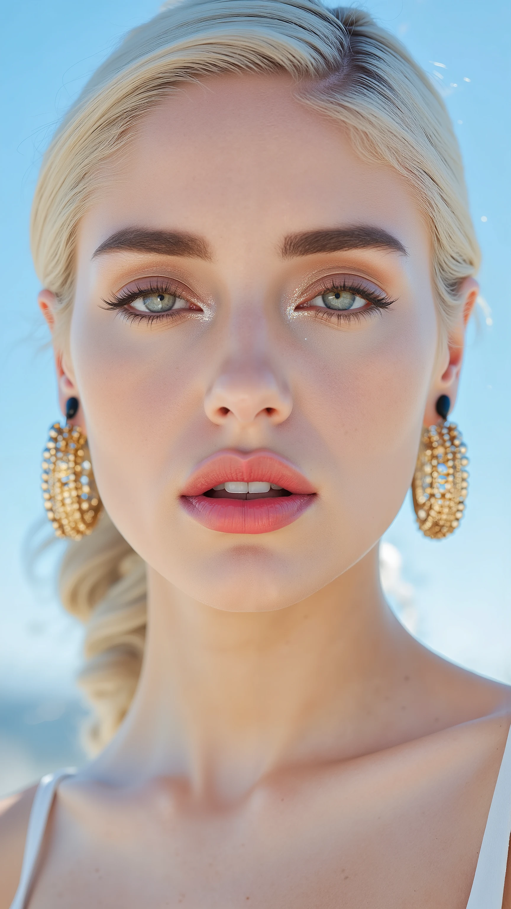 A hyper-detailed, avant-garde photograph featuring a striking woman with pale light skin against a clear, light blue sky. Her nude low-angle mid shot highlights the smooth texture of her flawless complexion. Shimmering metallic eyeshadow enhances the depth of her piercing gaze, while her glossy, deep red lips create a bold contrast to her skin. Large, intricately detailed golden hoop earrings reflect light, contributing to her modern allure. She is fully naked The reflective surfaces of her earrings and outfit create a dynamic interplay with the environment, emphasizing her sleek presence. The minimalist background allows the viewer to focus on her eye-catching fashion and makeup. Captured with a Sony A7R IV camera and a 50mm f/1.2 G Master lens for a beauty editorial shoot, this composition highlights her fashion-forward aesthetic. Inspired by avant-garde fashion photography from Sølve Sundsbø, this image blends contemporary fashion and minimalist elegance, embodying mythp0rt and niji_flux styles for a sleek, high-fashion vision. ((glow_skin, iridescent skin, oily skin, portrait)). ((no logo))