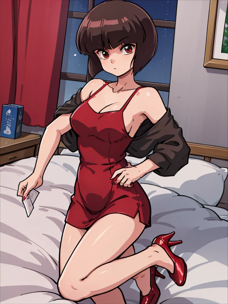 ((masterpiece)), best quality, ultra detailed, looking at viewer, intricate details, rich colors, sharp focus, volumetric lighting, dramatic atmosphere, nabiki tendo, brown eyes, nabiki, looking at viewer, 8k, 4k,light particles, highly detailed, detailed eyes, bedroom background,  solo, bob cut, red dress, pelvic curtain dress, heels, TendouNabiki, red heels, cleavage, seductive pose, white panties, night time, solo, 