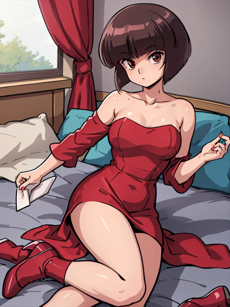 (very delicate and beautiful work), (masterpiece), 1girl, deep V red dress girl, high detail, waist leak, ponytail, attractive expression, clear beautiful eyes, indigo pupils, exquisite necklace, exquisite earrings, fairy ears, beautiful beautiful background, very detailed description, beautiful charming, ultra-fine painting, exquisite face, exquisite figure, exquisite collarbone, cute lips, beautiful breasts, Medium chest, soft back, ((made on the floor)), (8k, RAW photo, top quality, masterpiece: 1.2), (realistic, photorealistic: 1.37), 1 girl, cute, cityscape, morning sun, professional lighting, photon mapping, radiosity, physically based rendering,