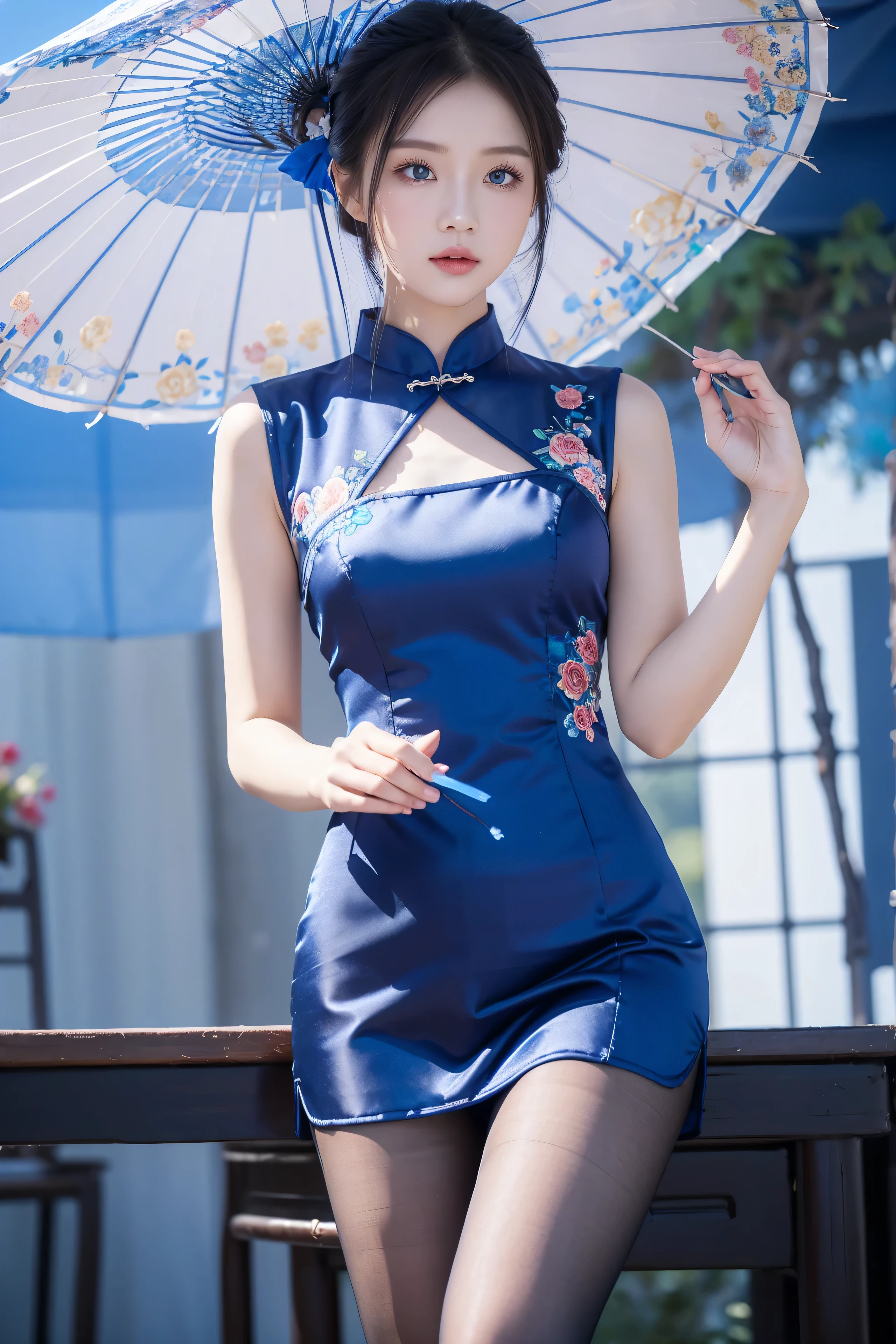 Cheongsam, 1 girl, blue bow, blue eyes, blue flowers, blue ribbon, blue rose, chest, Chinese clothing, Chinese clothing, dress, flower, gradient, gradient background, embroidered ball flower, looking at the audience, small chest, pantyhose, rose, single, thigh pantyhose, Chinese paper umbrella,
