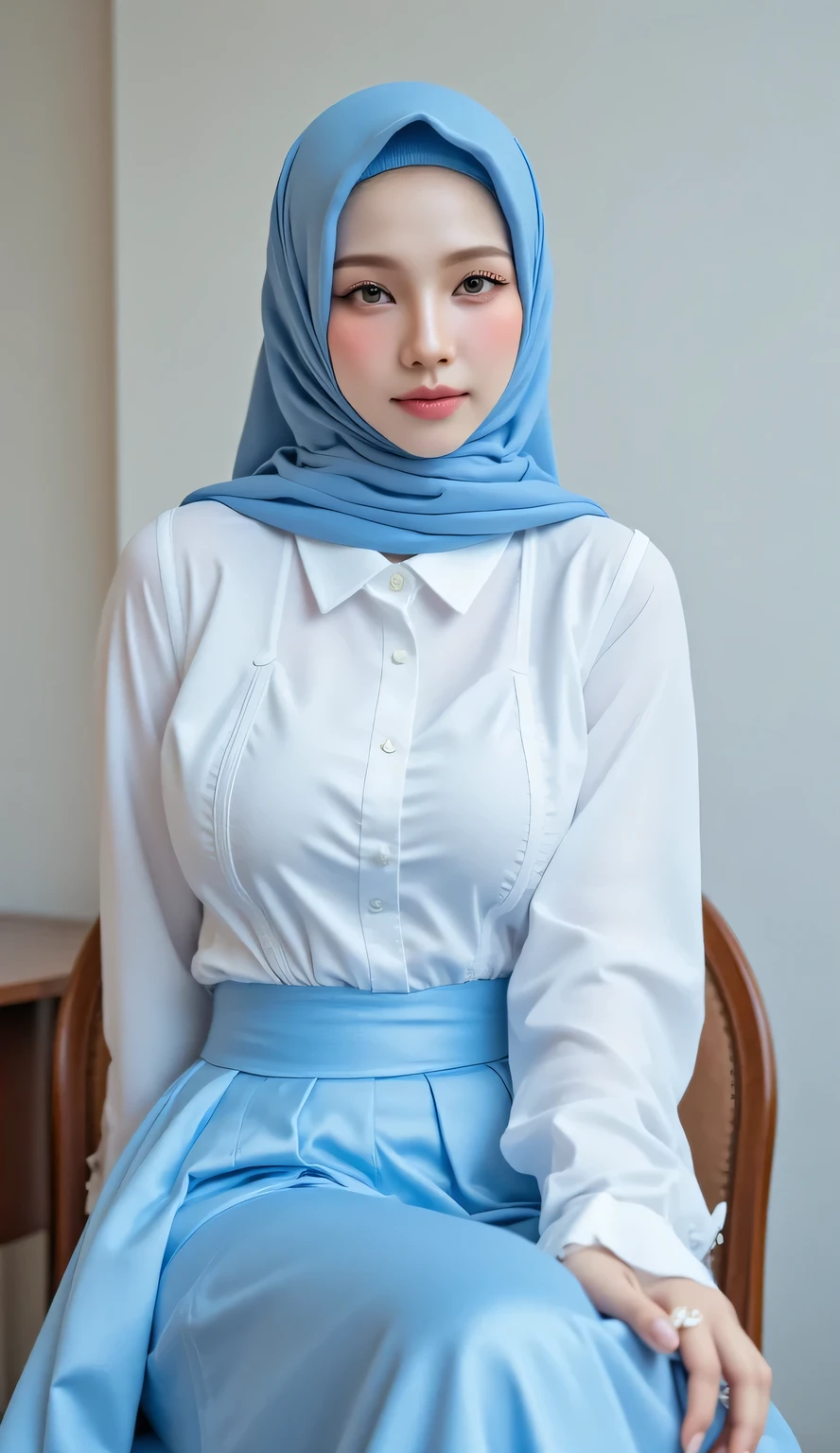 1 Girl, Beautiful, Russian Baby Face, 28 Years Old, White Skin, hijab, wearing long blue blouse, natural pose, looking directly at the camera, housing area background, raw photo, full body: 1.5, 
