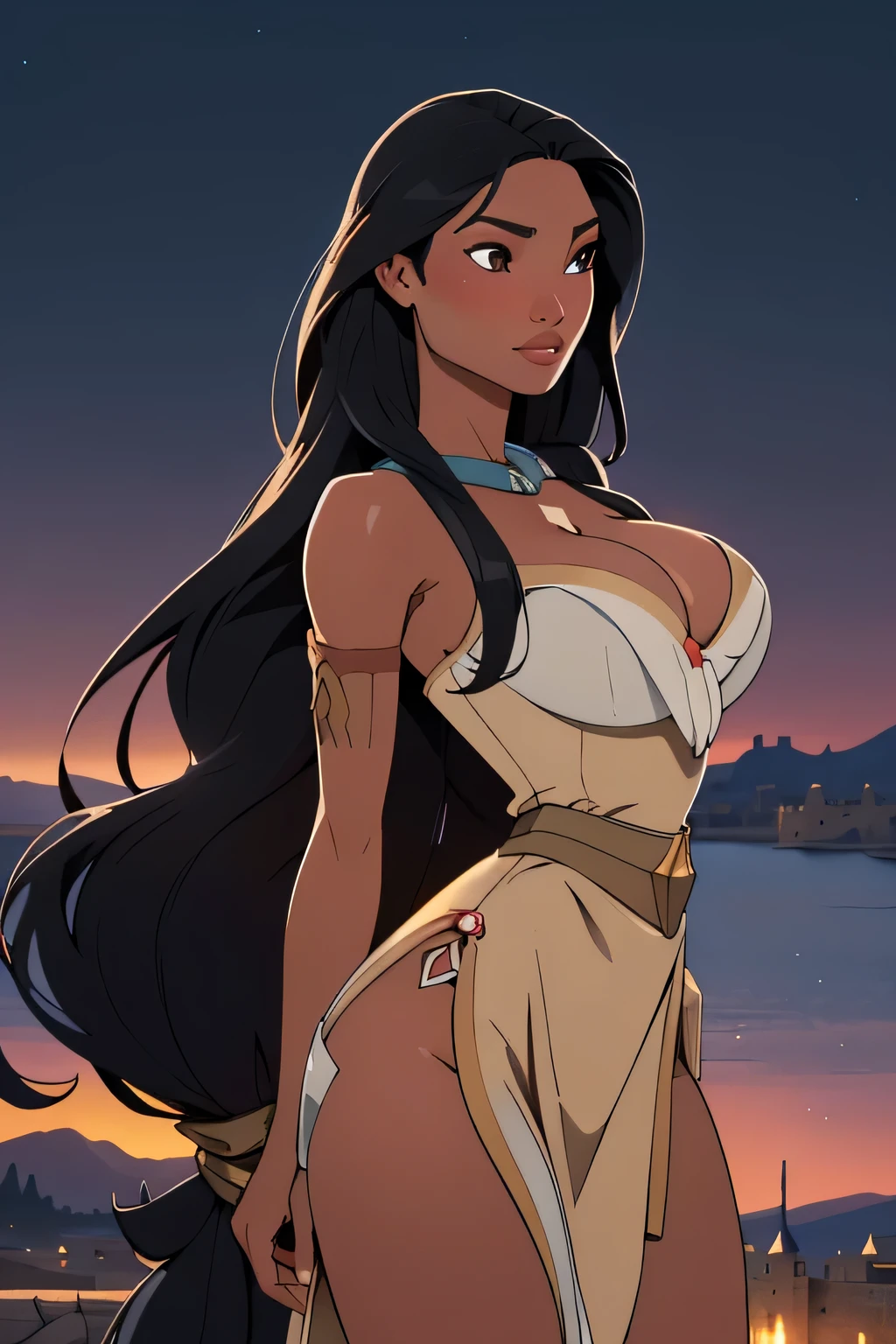 1girl in, 18, Pocahontas Waifu, photo of perfect woman, miniature ferry, Solo, Aesthetic artwork, (long hair, very long straight black hair:1.25), (clear skin, tanned skin, large breasts, DD-cup, runners body, very thin waist, skinny, petite, detailed skin texture), (cleavage, focus on breasts:1.2), (arched back, revealing clothing), (wearing an elegant gold armor, full dress armor), (Castle rooftop, ancient midnight Castle, stary sky) (extremely detailed 8k wallpaper), soft lighting, high quality, film grain, Fujifilm XT3 sharp focus, f 5.6, 50mm, High Detail, Sharp focus, (natural light), crazy details, complex details, hyper detailed. (cowboy photo:1.2), light particles, sfw