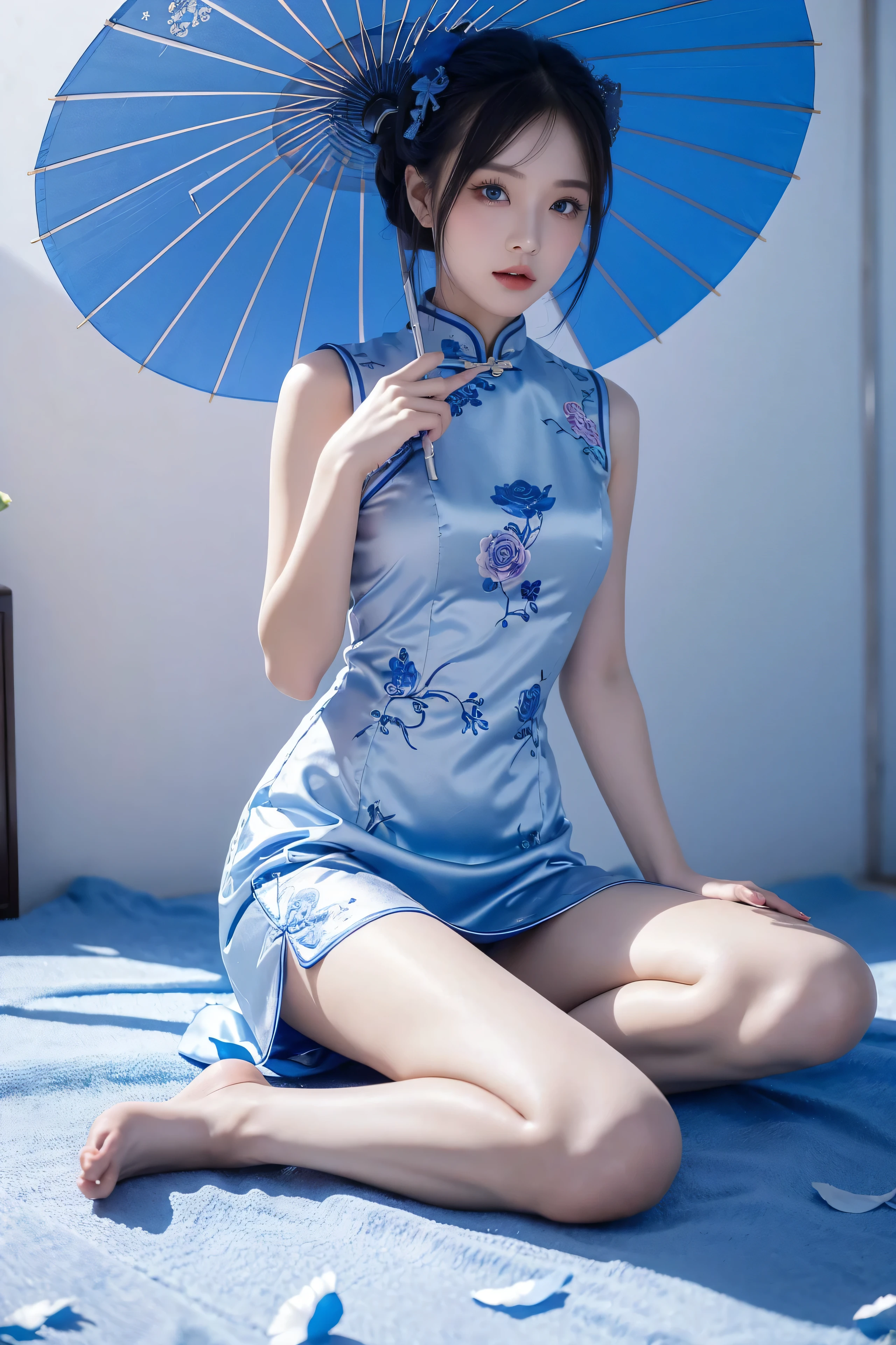 Cheongsam, 1 girl, blue bow, blue eyes, blue flowers, blue ribbon, blue rose, chest, Chinese clothing, Chinese clothing, dress, flower, gradient, gradient background, embroidered ball flower, looking at the audience, small chest, pantyhose, rose, single, thigh pantyhose, Chinese paper umbrella,