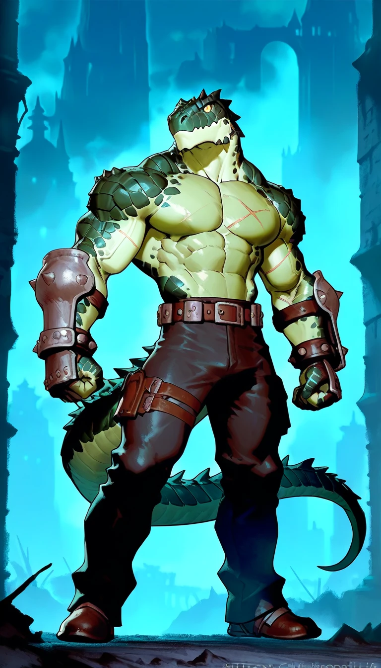 solo, anthro, furry male, T-Rex , (Spiny scales, scales, detailed muscles), (T-Rex print), black scales, white belly, spiny scales, standing up, bodyguard outfit, black claws, red eyes, slit eyes, slim fit, muscular slim, street, crazed look, menacing, raging, angry, detailed eyes, pecs, hind legs, tail, long tail, looking at viewer, (Masterpiece, by null-ghost, hi-res, 8k), naked torso, black pants, double bicep pose
