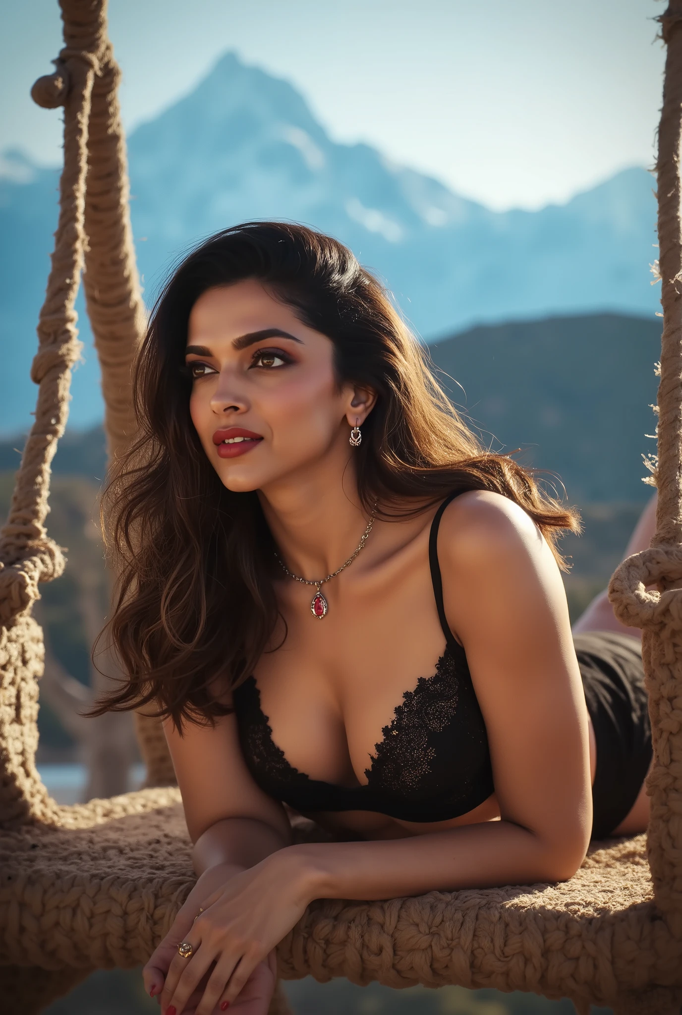 Day scene, portrait of Indian milf deepika padukone, stepmom, thicc woman, 40 years old sex icon, 85mm f/1.4, 15mm, 35mm, 4k, high resolution, 4k, 8k, hd, full colour, 4k, 8k, 4k, high definition, high angle shot of close up photo of indian, big cheeks, sexy navel, hanging in swing chair and bending over viewer on Mount Everest, off shoulder strapless cowl neck lace bra, deep cut neckline, perfect figure, swooping massive round breasts, deep cleavage, long straight open wavy hair, indian jwelery, look at viewer and smile, (cinematic:1.3), intricate details, (ArtStation:1.2)