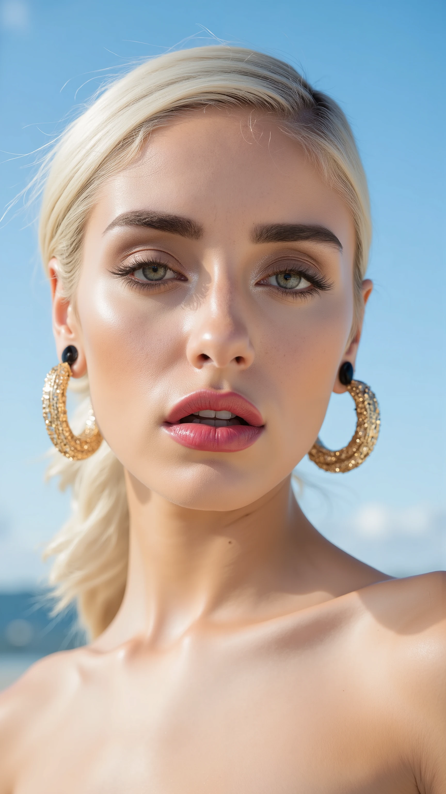 A hyper-detailed, avant-garde photograph featuring a striking woman with pale light skin against a clear, light blue sky. Her nude low-angle mid shot highlights the smooth texture of her flawless complexion. Shimmering metallic eyeshadow enhances the depth of her piercing gaze, while her glossy, deep red lips create a bold contrast to her skin. Large, intricately detailed golden hoop earrings reflect light, contributing to her modern allure. She is fully naked The reflective surfaces of her earrings and outfit create a dynamic interplay with the environment, emphasizing her sleek presence. The minimalist background allows the viewer to focus on her eye-catching fashion and makeup. Captured with a Sony A7R IV camera and a 50mm f/1.2 G Master lens for a beauty editorial shoot, this composition highlights her fashion-forward aesthetic. Inspired by avant-garde fashion photography from Sølve Sundsbø, this image blends contemporary fashion and minimalist elegance, embodying mythp0rt and niji_flux styles for a sleek, high-fashion vision. ((glow_skin, iridescent skin, oily skin, portrait)). ((no logo))
