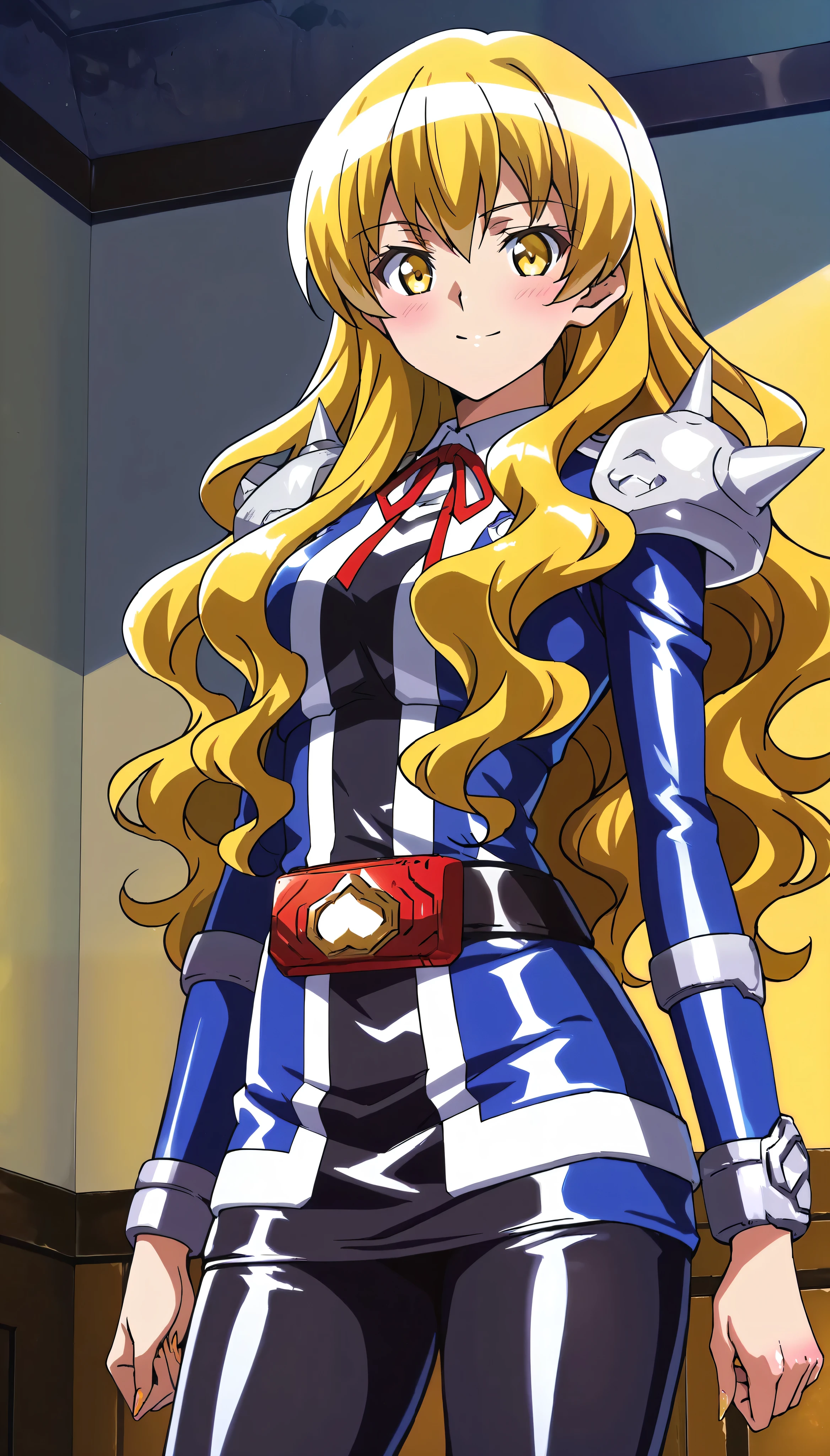 absurd, (absurd_resolution), masterpiece, best quality, (best illustration), (best shadow), ultra-High resolution, score_9, score_8_up, score_7_up, BREAK source_anime, 1girl, solo, perfect body, shiny skin, shiny skin, perfect eyes, detail1eye, well-defined fingers, well-defined fingernails, anime style, indoors, upper body, (portrait:1.5), looking at viewer, facing viewer, smile, blush, ARCkuchinashi, blonde hair, long hair, wavy hair, hair over breasts, yellow eyes, red neck ribbon, Onisister, belt, tokusatsu, spikes, armor, bodysuit, miniskirt, black pants,
