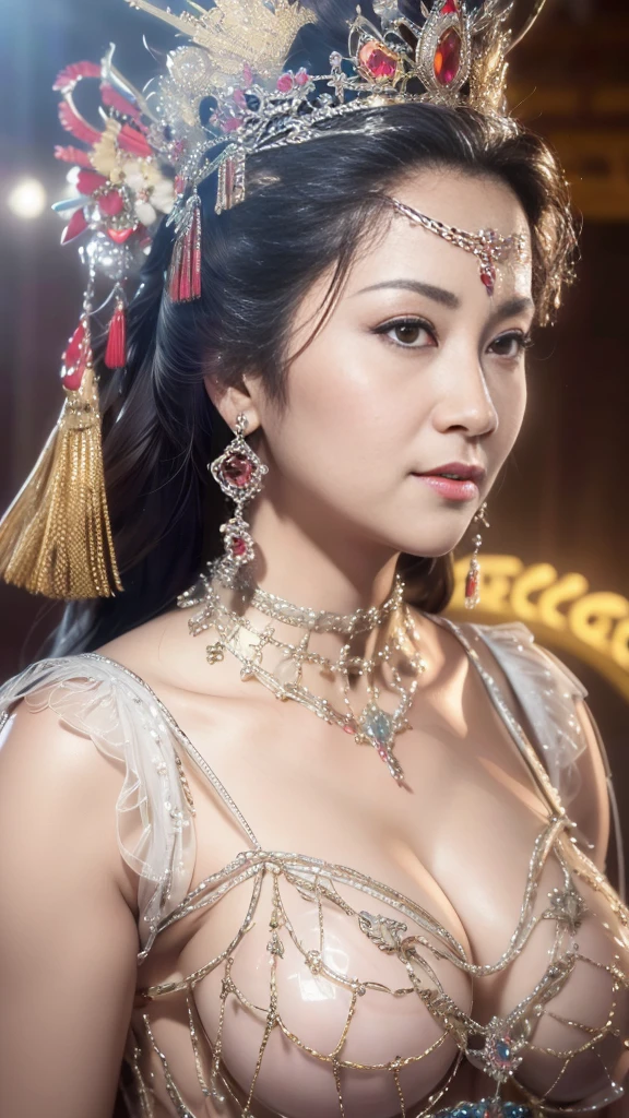 (good structure),high dynamic range,ultra high definition,8k,1 girl,Chinese Yi costumes,silver metal headpiece, brown eyes, earrings, have, jewelry,Yi ethnic metal jewelry,A huge metal have,Headwear metal tassels,Silver metal have, lace, lace trim, lips, long hair, looking at the audience, parted lips, alone, Upper body