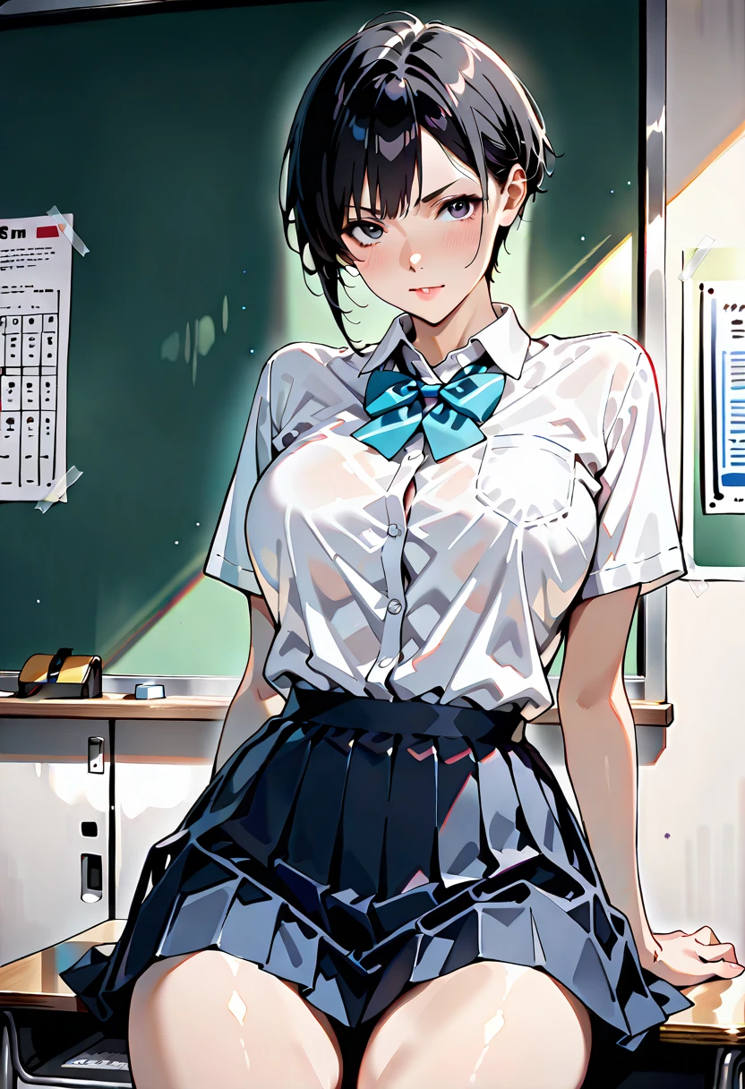 (masterpiece:1.2, highest quality), (realistic, photorealistic:1.4), beautiful illustrations, (natural side lighting, movie lighting), Depth of written boundary,
looking at the viewer, (face focus, Upper body), Front view, full body figure,full body, 1 girl, English, high school girl, 15 years old, perfect face, Cute symmetrical face, shiny skin,
(((short bob cut hair:1.7,blue hair))), asymmetrical bangs, Big eyes, droopy eyes, long eyelashes chest), thin,
beautiful hair, beautiful face, fine and beautiful eyes, beautiful clavicle, beautiful body, beautiful breasts, beautiful thighs, beautiful feet, beautiful fingers,
((fine fabric texture, sailor moon, Sleeveless white collar shirt, White pleated skirt, Navy bow tie)),
(beautiful scenery), evening, (In front of the blackboard in the classroom), Are standing, (smile, Upper grade, open your mouth), (((skirt lift, No panties, genitals visible))),(((medium long hair:1.7,black hair))),