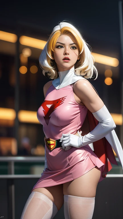 4k, realistic, charismatic, very detailed, there is a girl in the sky, dressed in a super girl costume, she is a super girl, superhero theme, blonde short hair, ponytail, 20 years, full body, (detail in the eyes), (detail in the face), incredibly beautiful, blue eyes, blush, makeup, red lipstick, miniskirt, (wide hips),  (thick thighs), small breasts, dress,, seductive pose, (extreme hourglass figure), thin, svelte, white skirt, boots, tight t-shirt