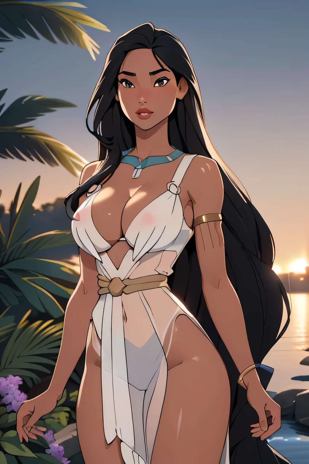 1girl in, 18, Pocahontas Waifu, photo of perfect woman, miniature ferry, Solo, Aesthetic artwork, (long hair, very long straight black hair:1.25), (clear skin, tanned skin, large breasts, DD-cup, runners body, very thin waist, skinny, petite, detailed skin texture), (cleavage, focus on breasts:1.2), (she wears a see-through transparent white dress, NSFW, opaque clothing, jewelry, bangles, gold accessories. detailed background, garden, pavilion, (extremely detailed 8k wallpaper), soft lighting, high quality, film grain, Fujifilm XT3 sharp focus, f 5.6, 50mm, High Detail, Sharp focus, (natural light), crazy details, complex details, hyper detailed. (cowboy photo:1.2), light particles, sfw