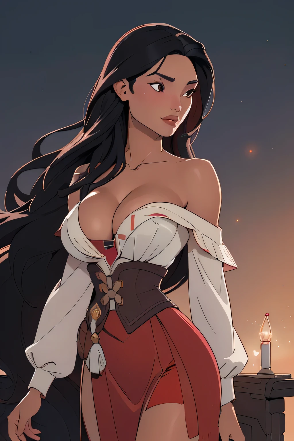 1girl in, age18, Pocahontas Waifu, photo of perfect woman, miniature ferry, Solo, Aesthetic artwork, (long hair, very long straight black hair:1.25), (clear skin, tanned skin, large breasts, DD-cup, runners body, very thin waist, skinny, petite, detailed skin texture), (cleavage, focus on breasts:1.2), ((she wears a py (masterpiece, top quality, best quality, official art, beautiful and aesthetic:1.2), (1girl:1.3), long and curly dark brown hair, extremely detailed, portrait, looking at viewer, solo, (full body:0.6), detailed background, close up, mischievous eyes, (warm summer castle theme:1.1), sorceress, charlatan, smirk, mysterious, walking in courtyard, revealing ((dark red)) sorcerer attire, red knee-length red skirt, off shoulder, straps, long sleeves, loose sleeves, cloak, corset, black, (extremely detailed 8k wallpaper), soft lighting, high quality, film grain, Fujifilm XT3 sharp focus, f 5.6, 50mm, High Detail, Sharp focus, (natural light), crazy details, complex details, hyper detailed. (cowboy photo:1.2), light particles, sfw