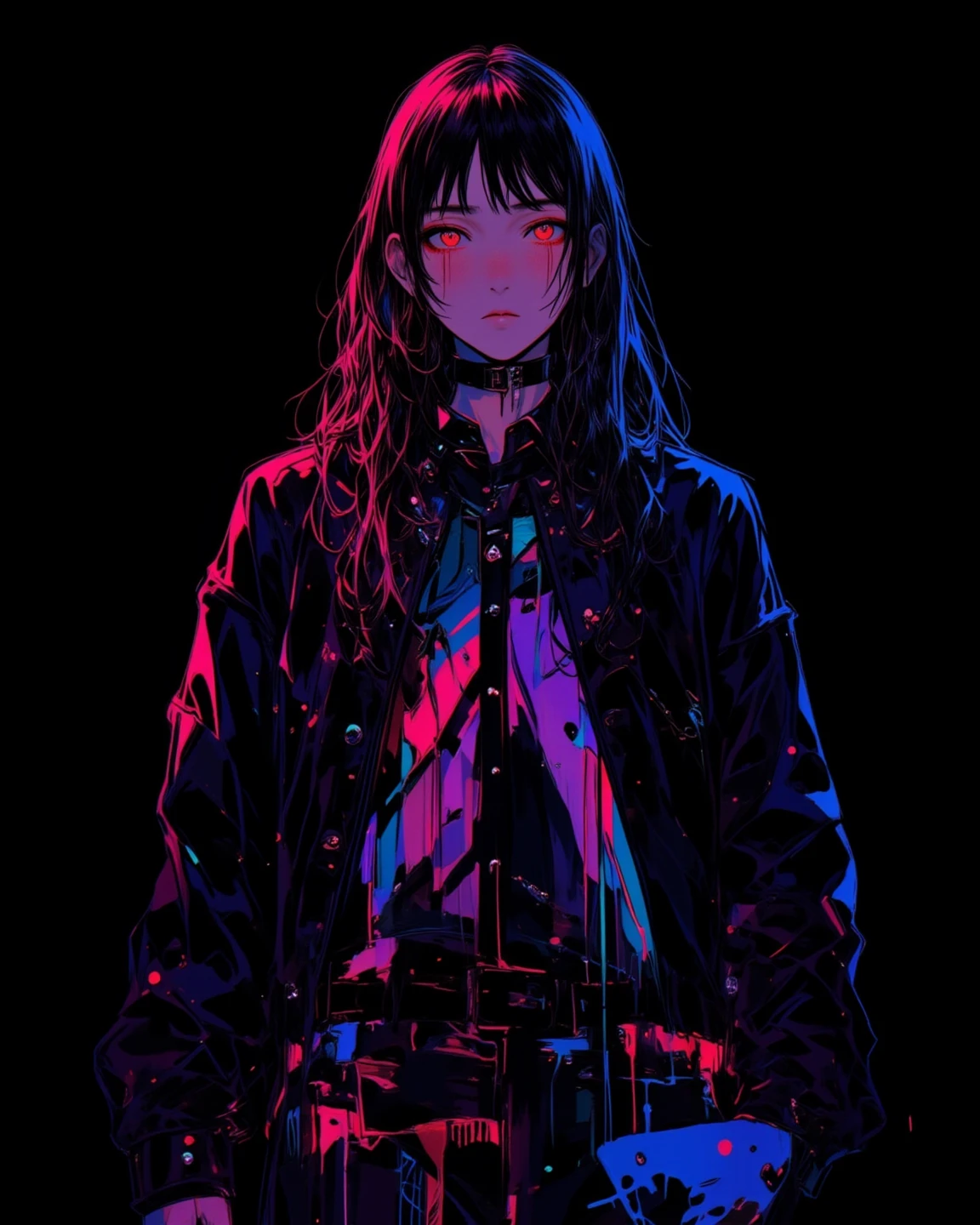 A woman with long hair and neon hair is standing in front of a black ...