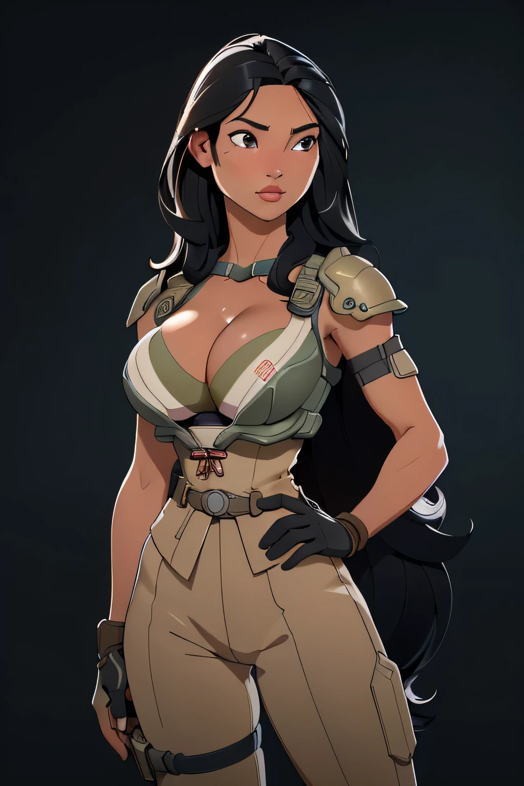 1girl in, 18, Pocahontas Waifu, photo of perfect woman, miniature ferry, Solo, Aesthetic artwork, (long hair, very long straight black hair:1.25), (clear skin, tanned skin, large breasts, DD-cup, runners body, very thin waist, skinny, petite, detailed skin texture), (cleavage, focus on breasts:1.2), ((she wears a detailed tactical gear:1.1), (body armor:1.1), combat pants, gloves, (intricate Sci-Fi background:1.1), (extremely detailed 8k wallpaper), soft lighting, high quality, film grain, Fujifilm XT3 sharp focus, f 5.6, 50mm, High Detail, Sharp focus, (natural light), crazy details, complex details, hyper detailed. (cowboy photo:1.2), light particles, sfw