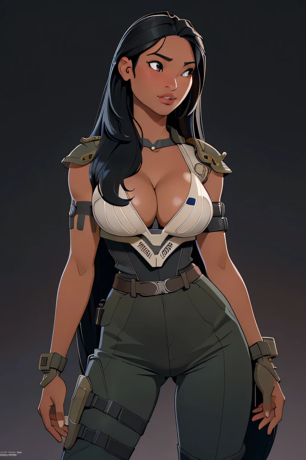 1girl in, age18, Pocahontas Waifu, photo of perfect woman, miniature ferry, Solo, Aesthetic artwork, (long hair, very long straight black hair:1.25), (clear skin, tanned skin, large breasts, DD-cup, runners body, very thin waist, skinny, petite, detailed skin texture), (cleavage, focus on breasts:1.2), ((she wears a detailed tactical gear:1.1), (body armor:1.1), combat pants, gloves, (intricate Sci-Fi background:1.1), (extremely detailed 8k wallpaper), soft lighting, high quality, film grain, Fujifilm XT3 sharp focus, f 5.6, 50mm, High Detail, Sharp focus, (natural light), crazy details, complex details, hyper detailed. (cowboy photo:1.2), light particles, sfw