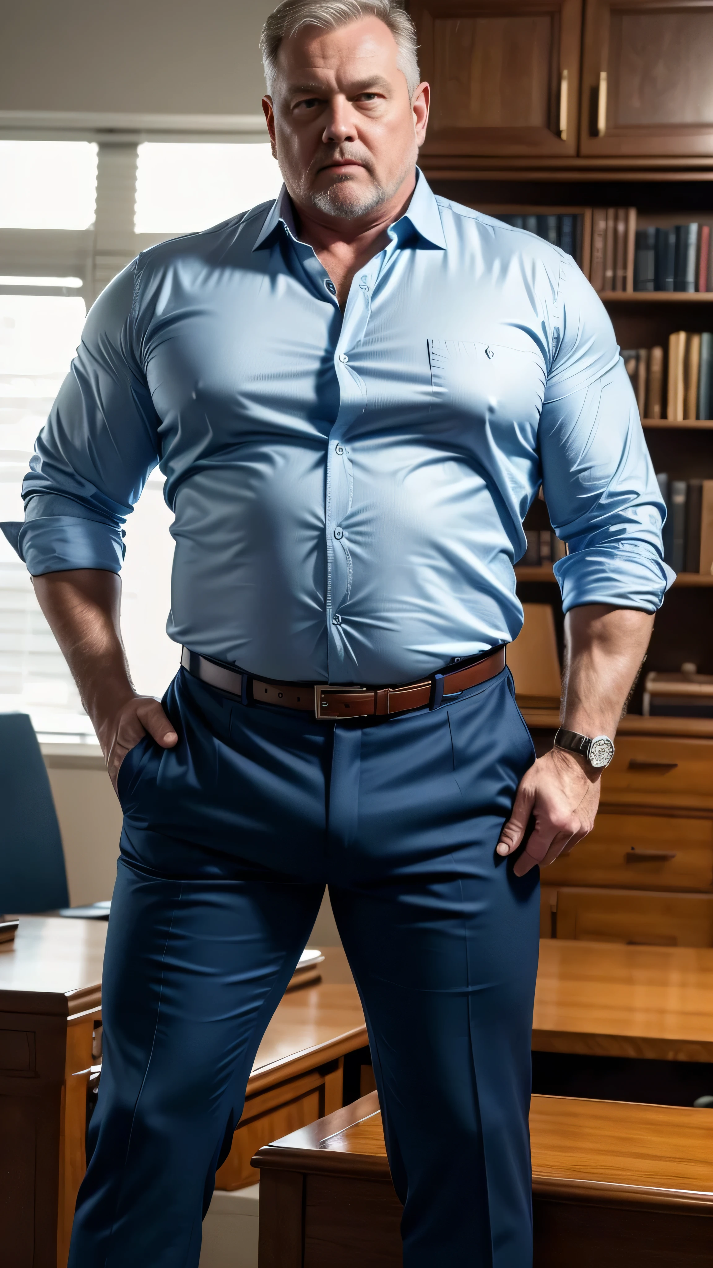 (best quality,4k,8k,highres,masterpiece:1.2), age 60, white man detective , horny disgusting, muscular chubby, kind, open blue shirt , mature daddy, Dress Pants with big hard bulge, hairy chest hard nipple, belt, loafer,