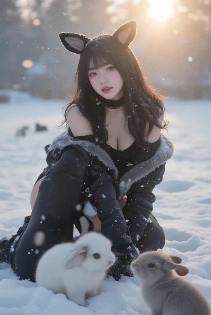 Cleavage, round chest former Korean, figure covered in fur, long legs The picture shows a polar bear standing, and in the Arctic the girl sits on the shoulder of the polar bear
