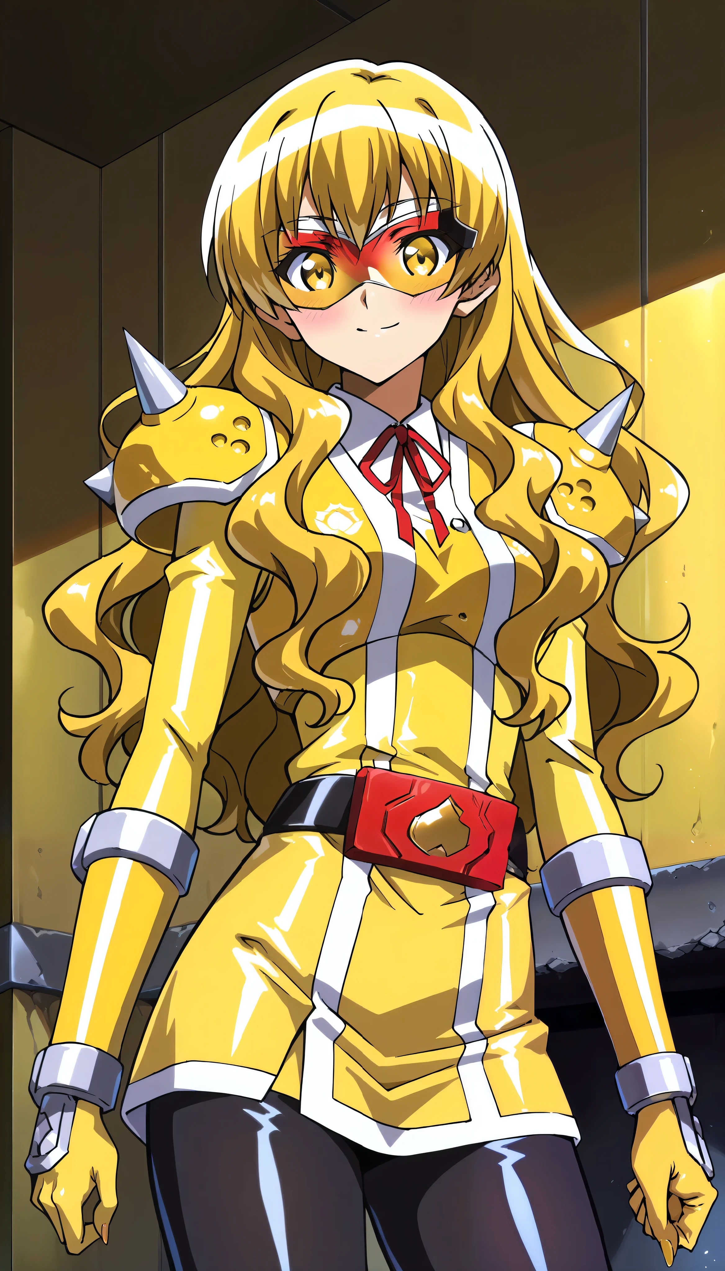 absurd, (absurd_resolution), masterpiece, best quality, (best illustration), (best shadow), ultra-High resolution, score_9, score_8_up, score_7_up, BREAK source_anime, 1girl, solo, perfect body, shiny skin, shiny skin, perfect eyes, detail1eye, well-defined fingers, well-defined fingernails, anime style, indoors, upper body, (portrait:1.5), looking at viewer, facing viewer, smile, blush, ARCkuchinashi, blonde hair, long hair, wavy hair, hair over breasts, yellow eyes, red neck ribbon, Onisister, belt, tokusatsu, spikes, armor, yellow bodysuit, miniskirt, black pants,