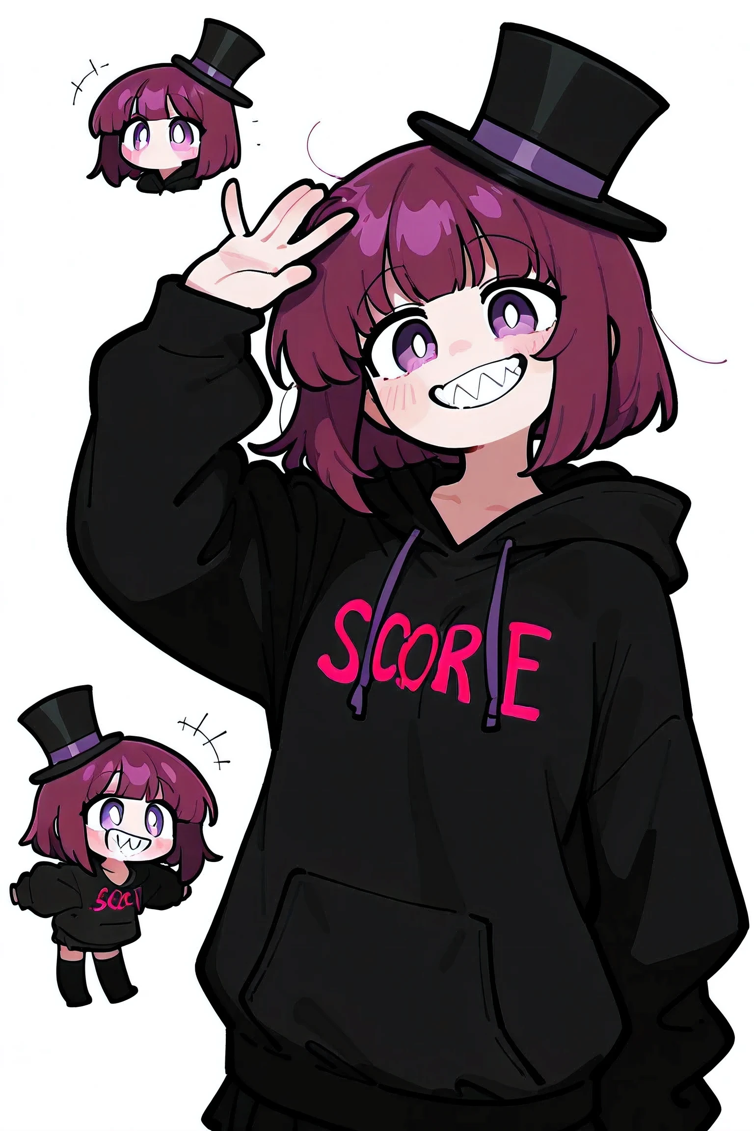 masterpiece,  best quality ,   great quality, up to date,White background , Freeze ,smile, Watching Viewers 、 cute girl,  bob hair、perm、 wearing a black top hat、 jagged teeth 、Character design style 、 purple hair、 Purple Eyes  、whole body、 black hoodie 、 Chibi Chara