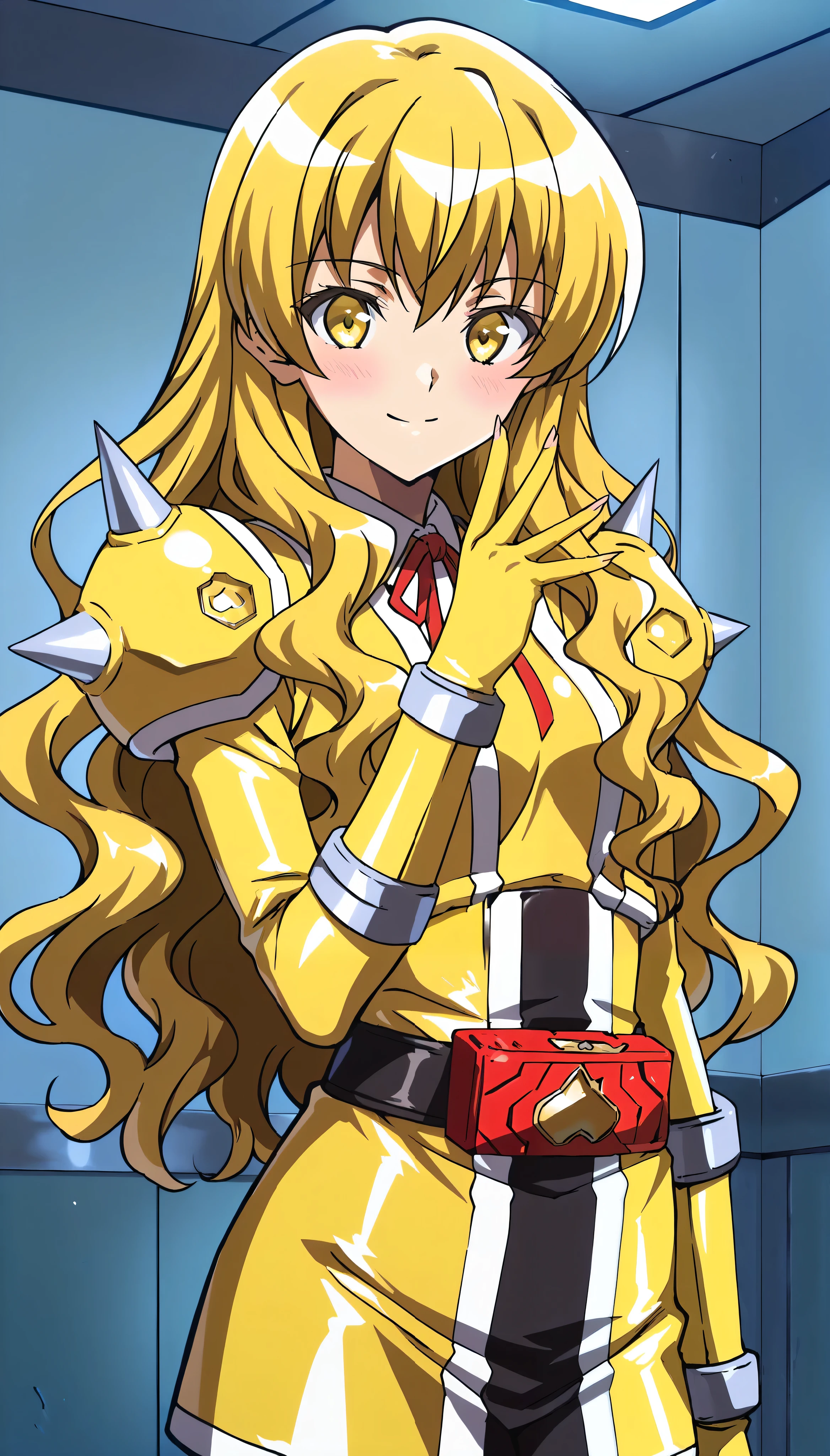 absurd, (absurd_resolution), masterpiece, best quality, (best illustration), (best shadow), ultra-High resolution, score_9, score_8_up, score_7_up, BREAK source_anime, 1girl, solo, perfect body, shiny skin, shiny skin, perfect eyes, detail1eye, well-defined fingers, well-defined fingernails, anime style, indoors, upper body, (portrait:1.5), looking at viewer, facing viewer, smile, blush, ARCkuchinashi, blonde hair, long hair, wavy hair, hair over breasts, yellow eyes, red neck ribbon, Onisister, belt, tokusatsu, spikes, armor, yellow bodysuit, miniskirt, black pants,