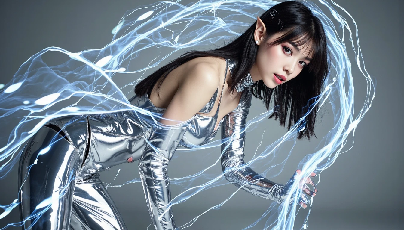 best quality, masterpiece, realistic, 1girl, goddess, messy [updo|hanging] hair, (full body:0.6), solo, (full body:0.6), looking down, detailed background, detailed face, Sc3pt4, sci-fi theme:1.1), mercury-wizard, melancholic, surrounded by waves of iridescent silver, alchemical imagery, reflections, silver-colored fluid, metallic sheen, shiny, dynamic pose, fluid movement, floating particles, droplets of mercury, flowing metal, blending mercury, foreign planet in background, dripping mercury formations, volumetric lighting, cinematic atmosphere, sharp details, high detail skin, realistic skin texture, perfect eyes