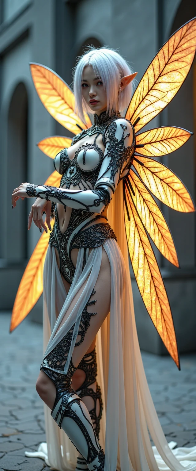 Ultra Detailed full body HD photo of Beautiful Angel of Death, Biomechanical Robot, Intricate 3D rendering, Simulated 150mm Lens, Beautiful Natural Soft Edge Light, Neon Vein, Roots, Delicate Leaf Lace, Colored Details, Boris Bidjan Saberi Garments, Pearl Earrings, Piercings, Art Nouveau Fashion Embroidery, Intricate Details, Mesh Lines, Mandelbrot Fractal, Facial Muscles, Cables, Microchips, Surreal, Octane, Volume Lighting, 8k and post-production, red white with a touch of black, metal skeleton detailing, half-human, iridescent, Glenn Brown style, futuristic room, power of God, high angle shooting, complex body poses