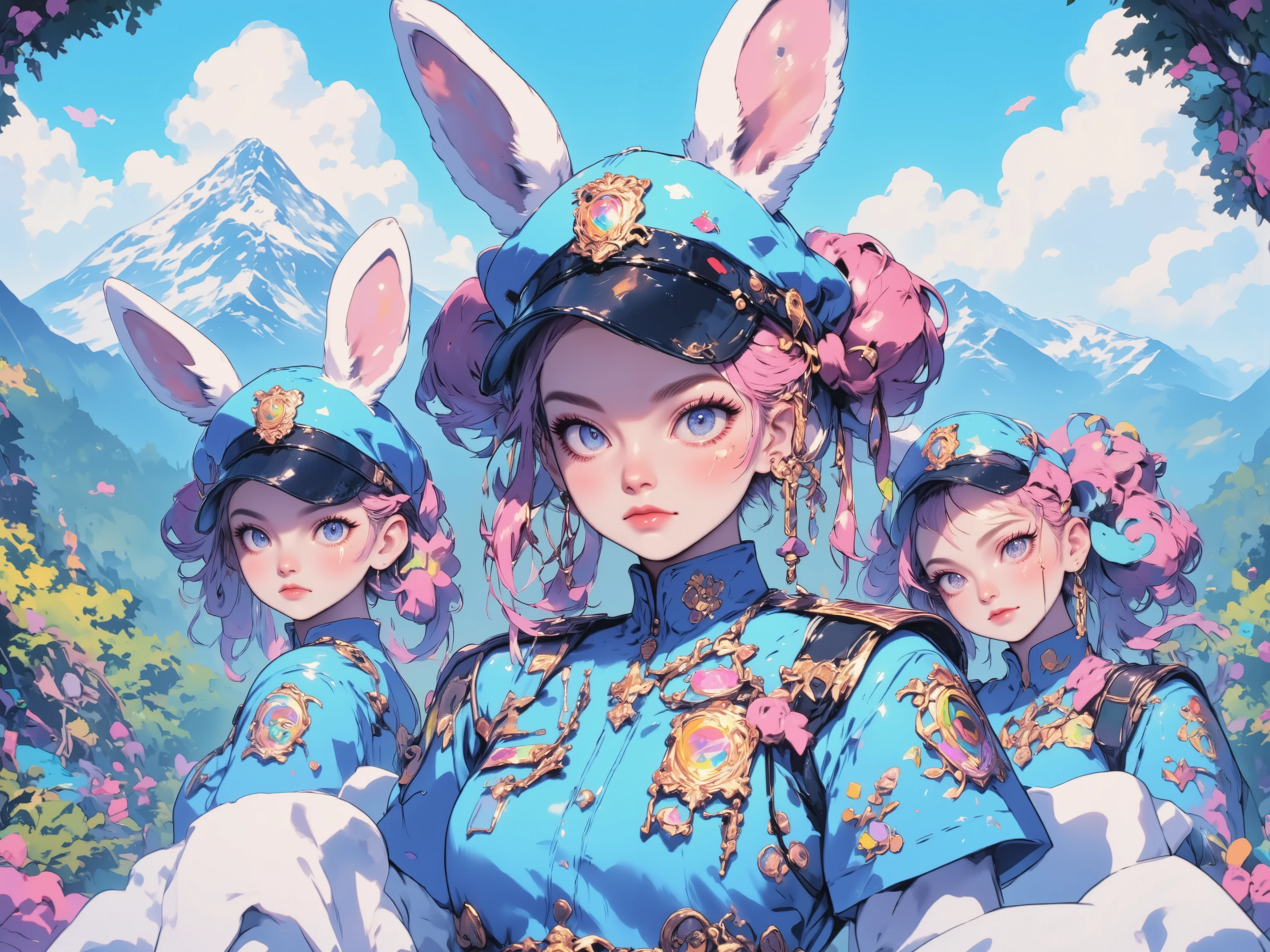  Color Guide：1.2）， （Multiple Views）， （whole body），  dynamic pose on mountains， highres, hi res, best quality, masterpiece, intricate details, absurdr ，anime girl with rabbit ears in blue police uniform,  Decora Style Illustration  ,  软萌动漫插画 ,  Bunny Ears Themed Girl  ,  Cute aesthetics,  baroque dark aesthetic  ,  Anime atmosphere , Anime Aesthetics,  Lisa Frank  & Murase Sho  , 9 0 s Anime Aesthetics, holo sticker , pink aesthetic ,  90s anime style  