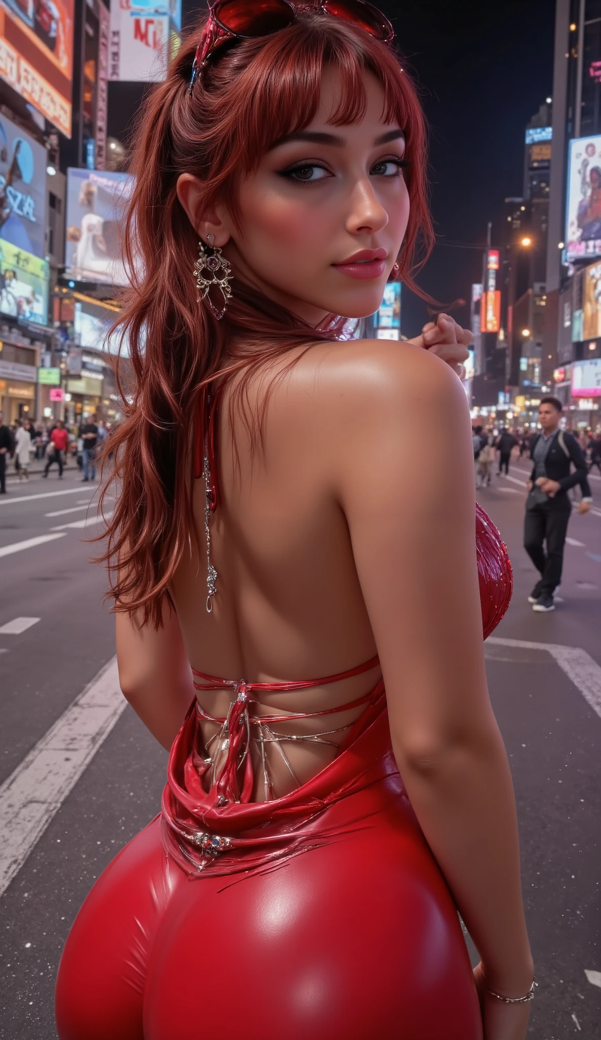 She's a model in a photoshoot, deep v neckline, set the scenario in the main street of Times Square at New York City in the middle of the night, dynamic model pose, kept his normal height, big breasts, add red diamond hearts sunglasses, she's doing a photoshoot so her poses should be sexy and change in every image, she's being sexy and seductive to the camera, keep the same hair and face details of the LoRA, mid body shot, happy, smile, she is looking to her back, normal hands