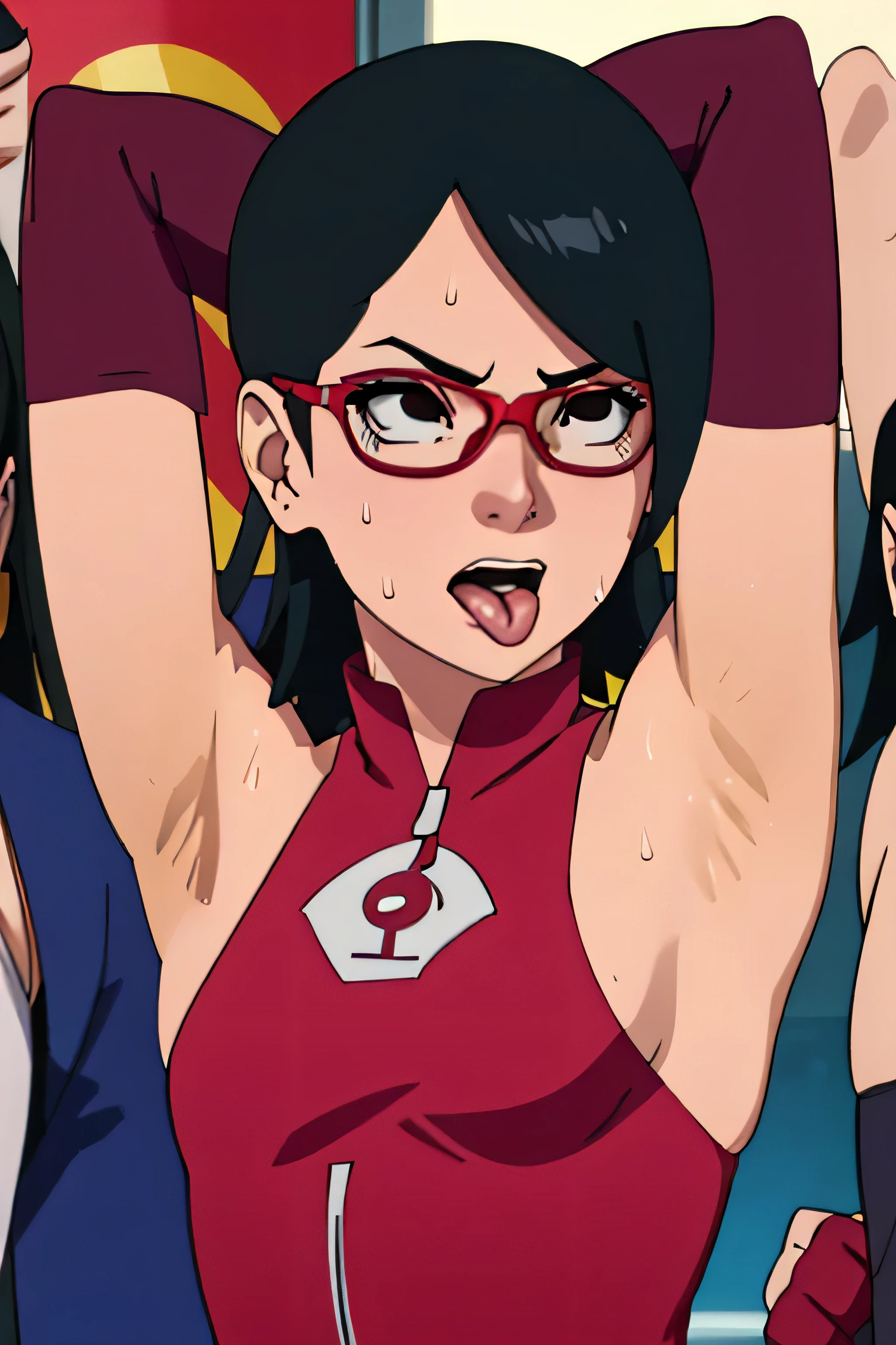 Sarada Uchiha,human woman with fair skin. She is a 1 r with black eyes and red clothing. Her hair is black in color; She is beautiful.Wearing red rimmed glasses.Tsundere face. Pink eye shading,mature appearance,armpits,sweat,sweaty,sweaty armpits,arms up,showing armpits,awesome armpits,outfit,blackish red arm warmers,maroon arm bands,maroon arm warmers,showing tongue,tongue out