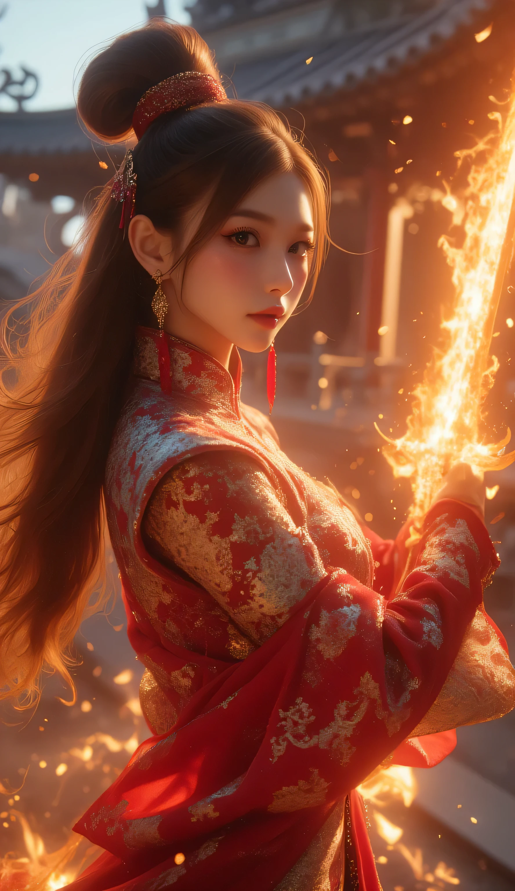 RAW photo, (Random shot, full body in frame, Side view focus, Dutch Angle), ((Asian adult female idol, one-person,) (traditional Chinese dress, one-piece, dark navy, long length, elegant, embroidered, decoration, fascinating,) random posing, stylish, cool, cute, sexy), she fighting Chinese dragon using Chinese steel sword with fire aura around sword , at front ancient Chinese house and buildings, focus on head