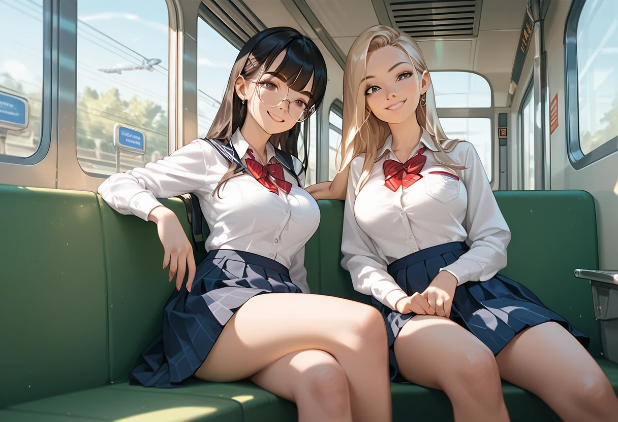 character focus、from above(school uniforms:1.3), (beige
solid-color clothes around
waist:1.5), (knot on waist:1.3), (white collared-shirt:1.4), ((white collar, unbutton, short sleeve):1.2), (red plaid-pattern pleated-skirt:1.3), ((necklace, colorful bracelet, X hair ornament):1.2),
ultra-detailed、(8k, RAW photo, best quality, masterpiece:1.2), (extremely detailed 8k wallpaper),illustration、professional lighting,sharp focus, depth of field、
nsfw、clear eyes、perfect anatomia、2 girls in、Side by side、 student、Black Gal(dark-skinned:1.2)、smile、Plump thighs、huge tit、Fully exposed、large breast,(button gap:1.4)、Lift skirt、Blue eyes、a blond、(makeup:1.1)、(Loose socks below the knee:1.2)、standing、In the street