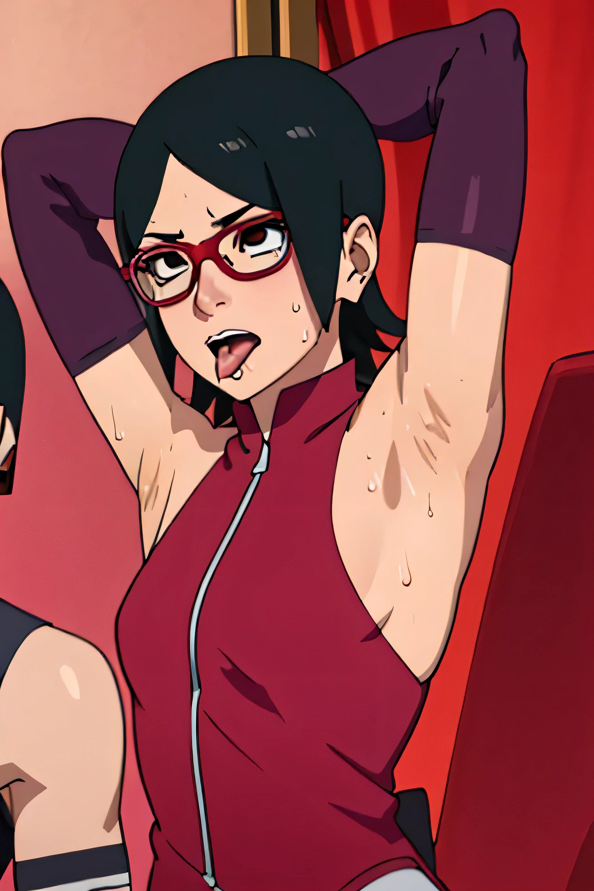 Sarada Uchiha,human woman with fair skin. She is a r with black eyes and red clothing. Her hair is black in color; She is beautiful.Wearing red rimmed glasses.Tsundere face. Pink eye shading,mature appearance,armpits,sweat,sweaty,sweaty armpits,arms up,showing armpits,awesome armpits,outfit,blackish red arm warmers,maroon arm bands,maroon arm warmers,showing tongue,tongue out