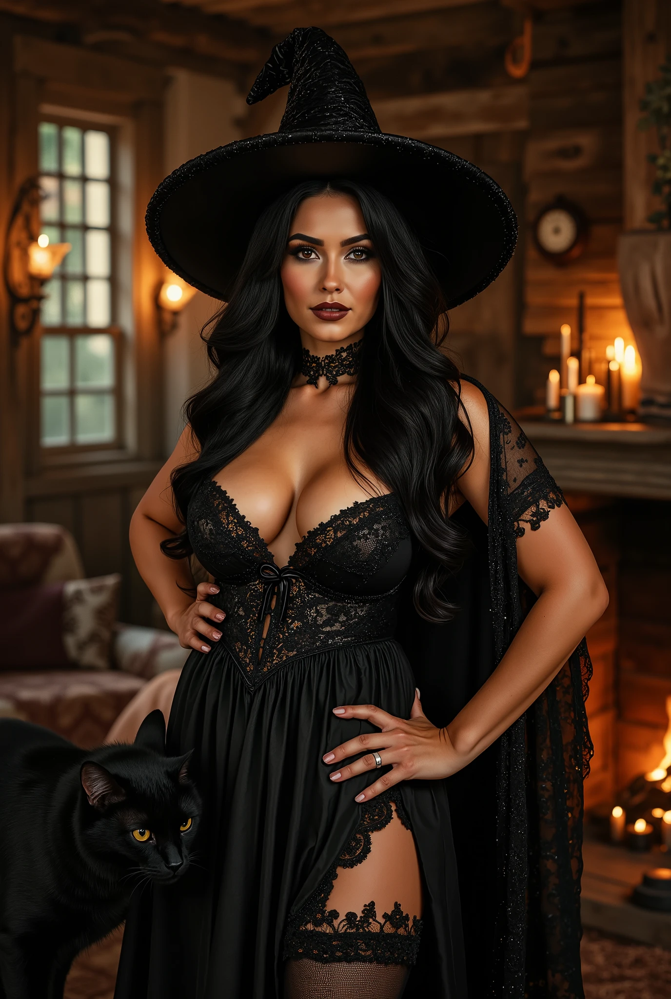 yennefer Beautiful woman witch, with long black hair, purple eyes, big bust, Dressed witch clothes, I'm sitting in a tavern smiling, Realistic, Full HD, Best quality in stockings