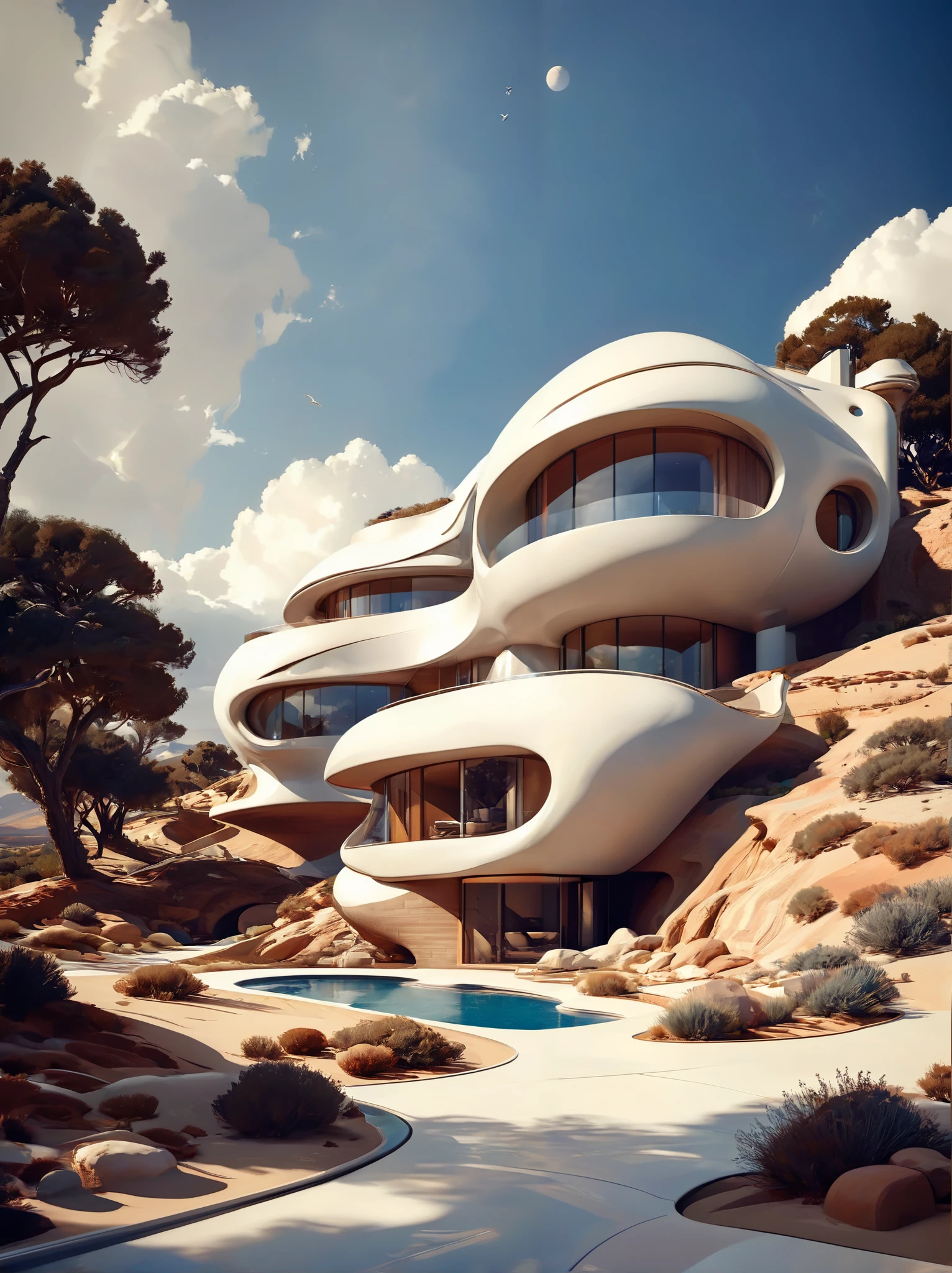 architectural study concept for futuristic homes incorporating organic fluidity rounded and geometric forms in harmony using artistic imaginitive license for a rendered house and landscape,