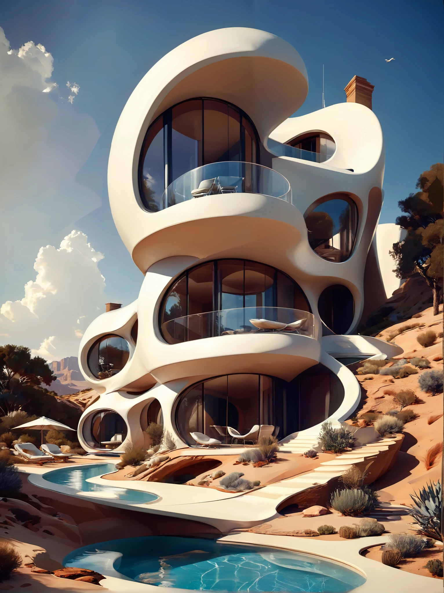 architectural study concept for futuristic homes incorporating organic fluidity rounded and geometric forms in harmony using artistic imaginitive license for a rendered house and landscape, 