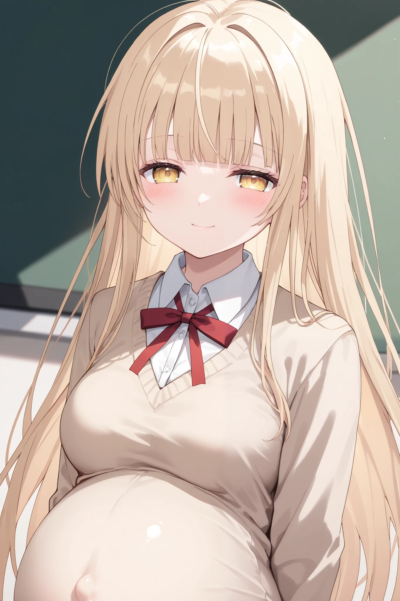 (Best quality, 4k, 8k, high resolution, masterpiece:1.2), ultra detailed, intricate details,SOLO,beautiful girl, alone, school uniform, middle hair, blond hair, blunt bangs,caramel-colored eyes, small-medium breasts, red ribbon tie, blush, perfect smooth skin, looking at viewer, Smile lightly, half closed eyes,head tilted, (Pregnant:1.0), Mahiru Shiina, Otonari no Tenshi