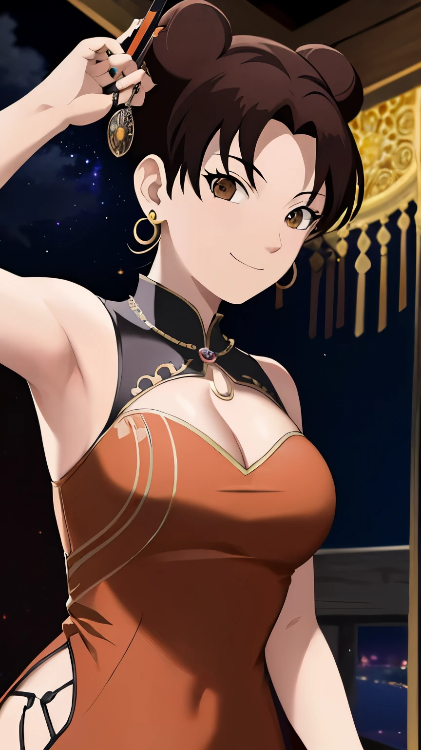 incredibly absurdres, siraha, 8k wallpaper, best quality, perfect lighting, shiny skin, perspective, all fours, looking at viewer, (teenage female character, 1girl, medium breasts, cleavage, black hair, bowl cut, long hair, hair tie), light blue eyes, (guilt:1.4), wearing fantasy style crop top, yoga pants , bulletproof vest and kote , pig costume with stud earrings and lei, outdoors and dark sky, finely detailed background, amazing background