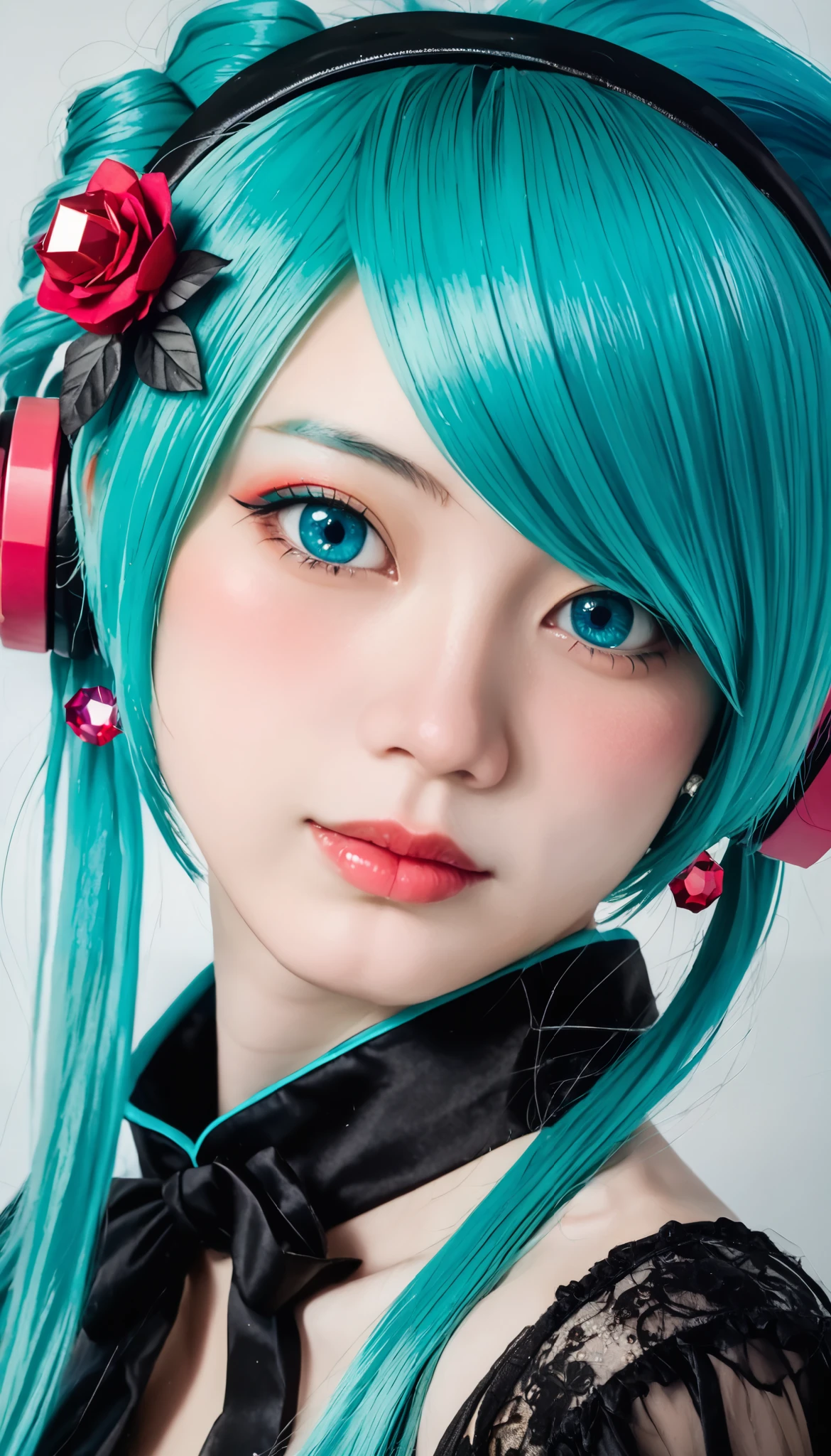 RAW photo、 realistic、reality oriented 、 hair ornament、 earrings、Goth_punk, 1 girl, Alone,、 best quality , realistic, Super Delicate Illustration , beautiful and attractive girls, Hatsune Miku, slender body, knotted hair, One Girl, pictures of girls , full body shot , kissed by her beautiful blue eyes , hair ornament、gem、 Hatsune Miku、 RAW photo、Masterpiece:1.5、 best quality 、Ultra high resolution、Medium depth of focus、Film Category、