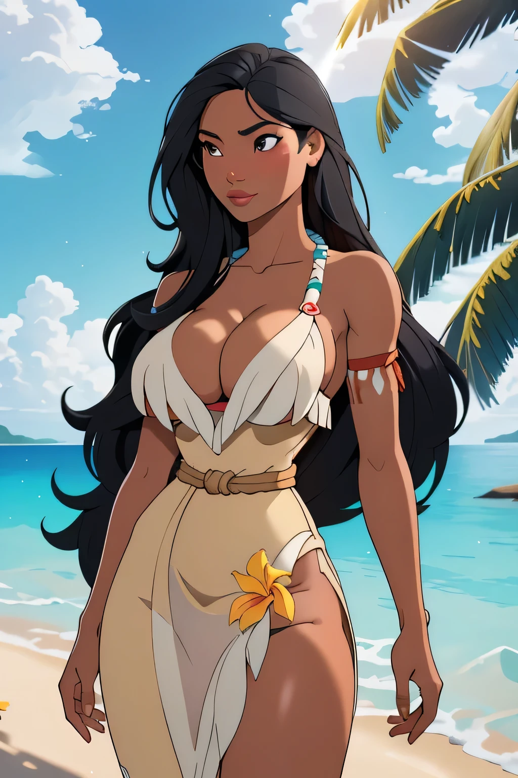 1girl in, age18, Pocahontas Waifu, photo of perfect woman, miniature ferry, Solo, Aesthetic artwork, (long hair, very long straight black hair:1.25), (clear skin, tanned skin, large breasts, DD-cup, runners body, very thin waist, skinny, petite, detailed skin texture), (cleavage, focus on breasts:1.2), (wearing traditional Hawaiian clothing, leis), exotic flowers in the background, tropical paradise, lush greenery, white sandy beach, crystal clear water, gentle ocean breeze, warm golden sunlight, serene, (extremely detailed 8k wallpaper), soft lighting, high quality, film grain, Fujifilm XT3 sharp focus, f 5.6, 50mm, High Detail, Sharp focus, (natural light), crazy details, complex details, hyper detailed. (cowboy photo:1.2), light particles, sfw
