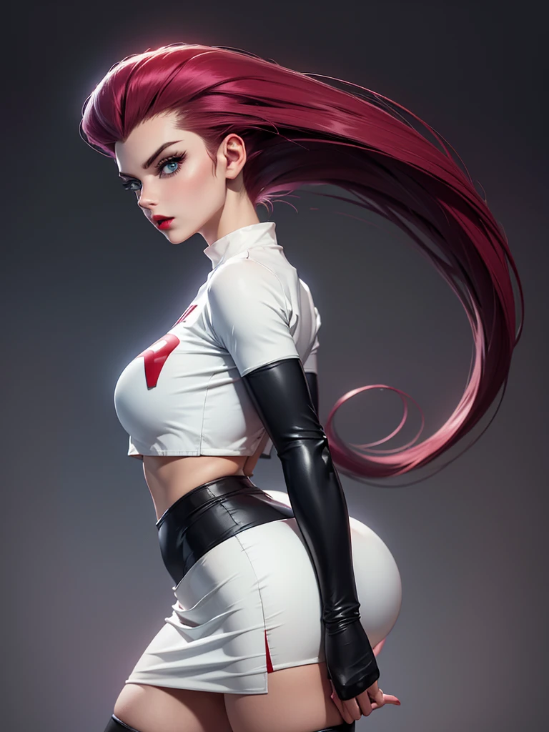 jessie\(pokemon\), hair slicked back, team rocket outfit, solo, crop top, gloves, jewelry, earrings, long hair, elbow gloves, blue eyes, black gloves, team rocket, breasts, red hair, thighs, very long hair, in back pose, show her booty, focus on her ass, mini skirt.( LIFTING HER MINI SKIRT WITH HER HANDS, SHOW HER BOOTY) ULTRA SEXY