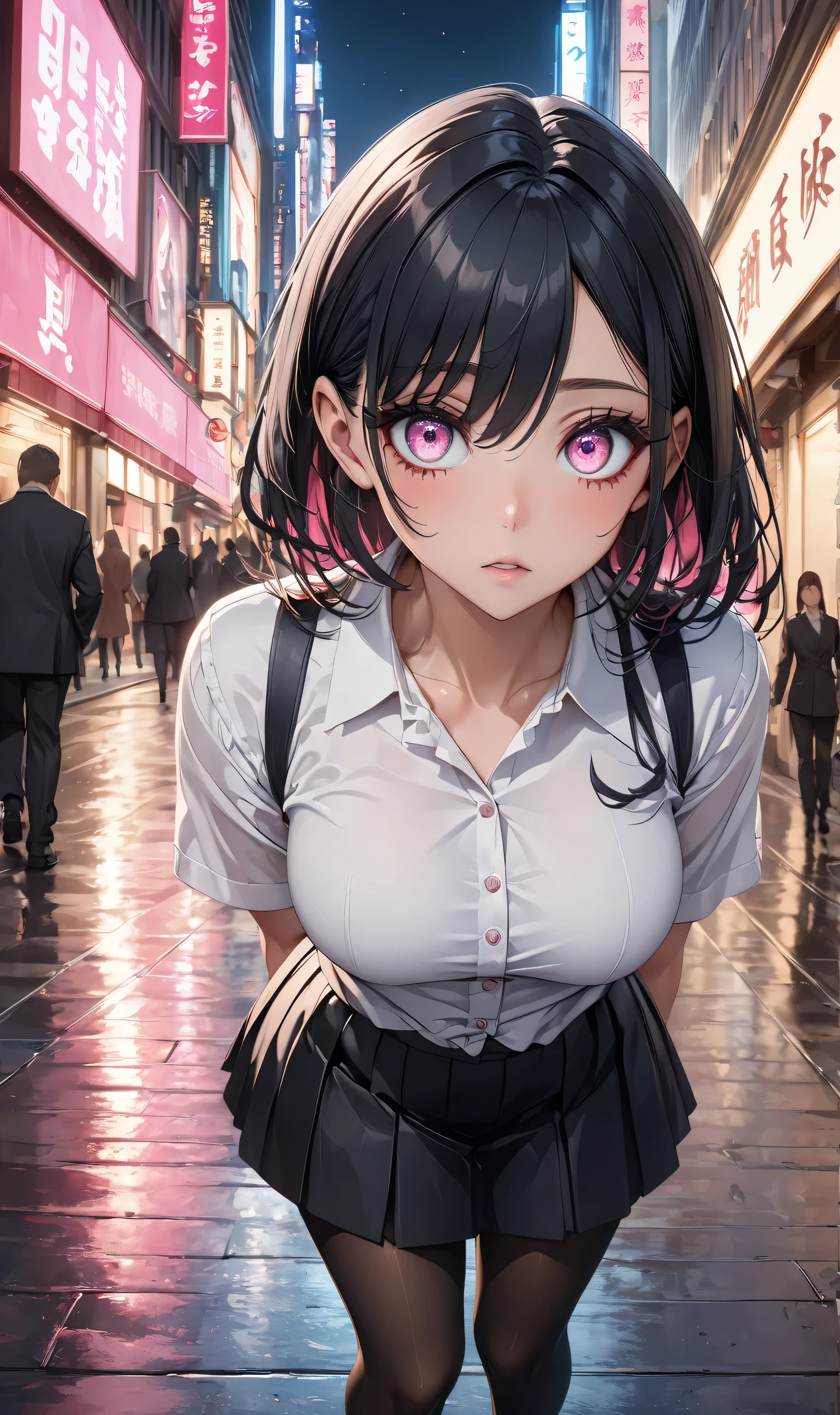 Full body, ((Random pose)), (perfect anatomy), Mastepiece、Ultra High Quality、 8k、masterpiece、Best Quality、Ultra-high resolution、Maximum resolution、Very detailed、Professional Lighting、anime、woman, (((Pink eyes)))、thin、so beautiful、(((Highly detailed eyes)))、(((Very beautiful eyes)))、Highly detailed face、Black Hair, ((Pink eyes)), Random Hairstyle, black hair, 、Pantyhose, Medium breast, Hands behind、Random Pause、 Center city,
