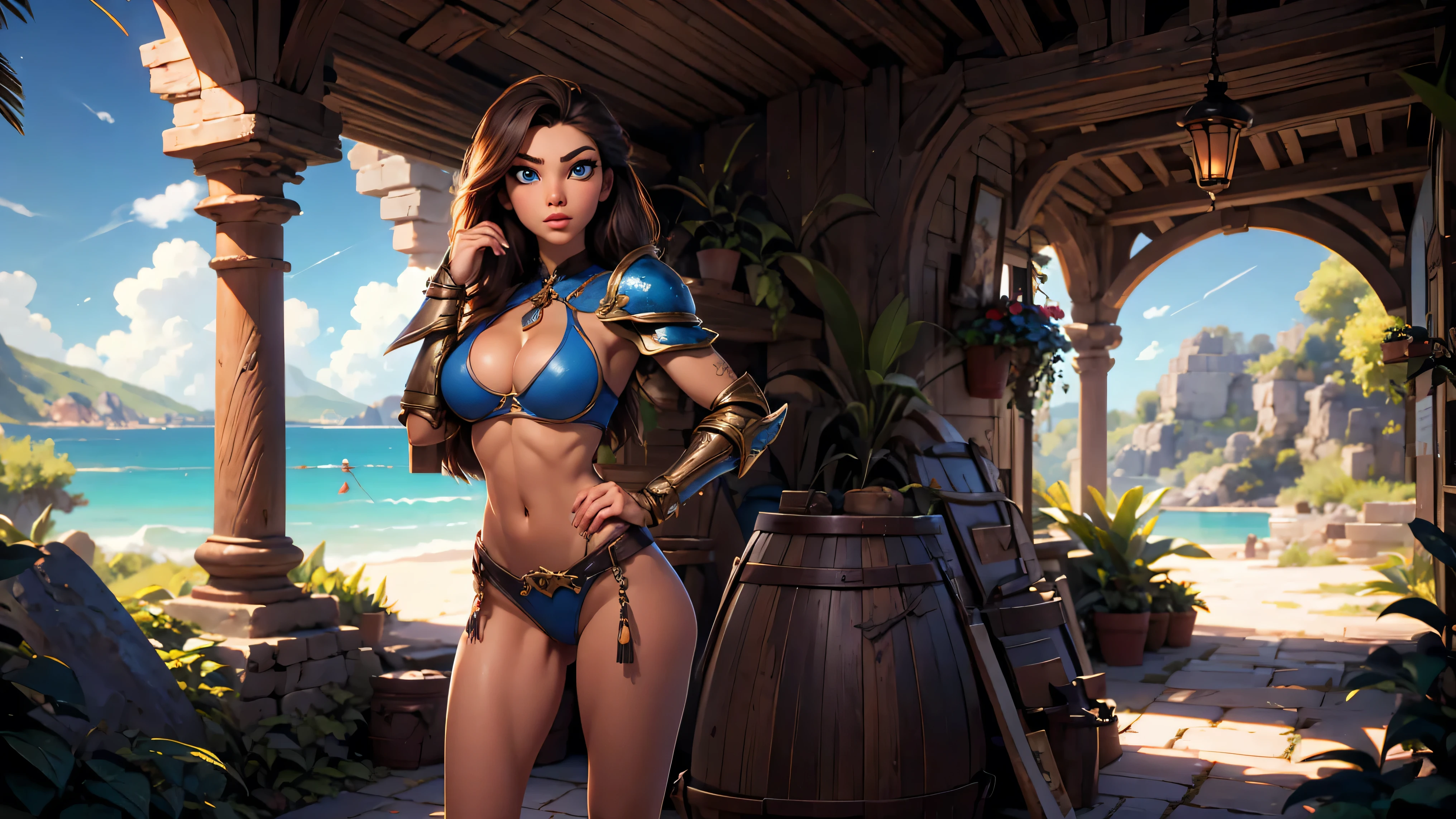 Masterpiece, Hi-detailed, best quality, 8K, (realistic:1.2), ((1 girl)), (solo), Warrior Princes, cute, young, (Skinny), (thin frame with tits that are to large for her), (fit, body), (muscular but feminine body), leather armor but extremely revealing, cleavage, beautiful, perfect face, perfect body, large eyes, blue eyes, standing looking at a beautiful vista,
