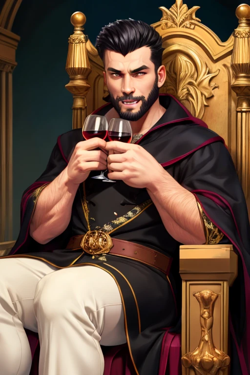 Greek god handsome man drinking wine cheerful in ancient Greek clothes and dancing with a glass of wine very cheerful standing out among people long straight black hair. perfect photo. face perfect