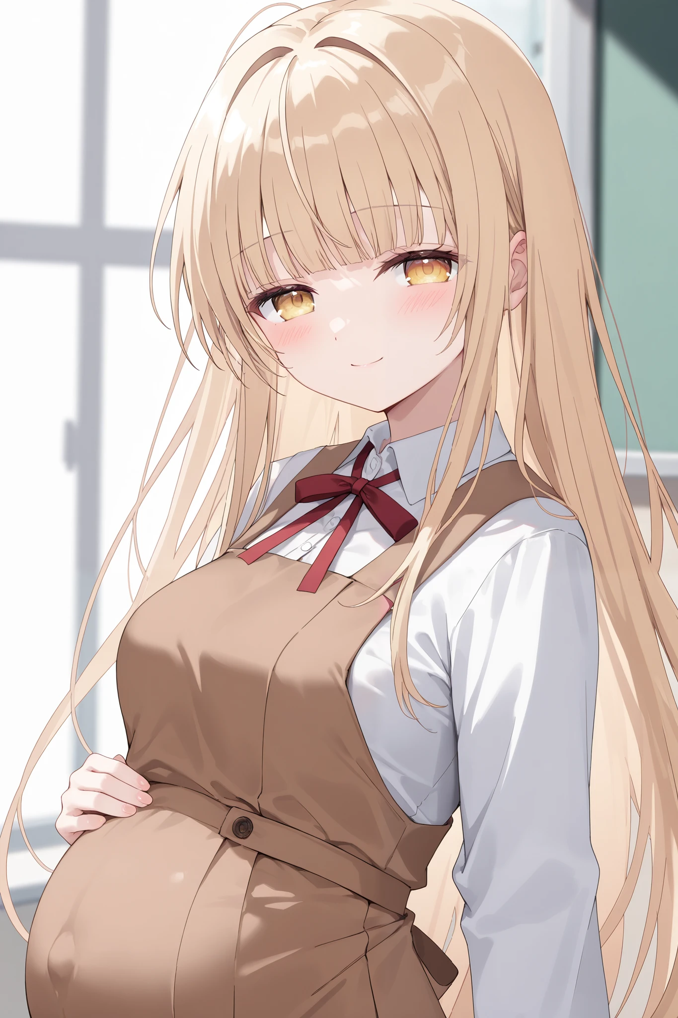 (Best quality, 4k, 8k, high resolution, masterpiece:1.2), ultra detailed, intricate details,SOLO,beautiful girl, alone, school uniform, middle hair, blond hair, blunt bangs,caramel-colored eyes, small-medium breasts, red ribbon tie, blush, perfect smooth skin, looking at viewer, Smile lightly, half closed eyes,head tilted, (Pregnant:1.0), Mahiru Shiina, Otonari no Tenshi