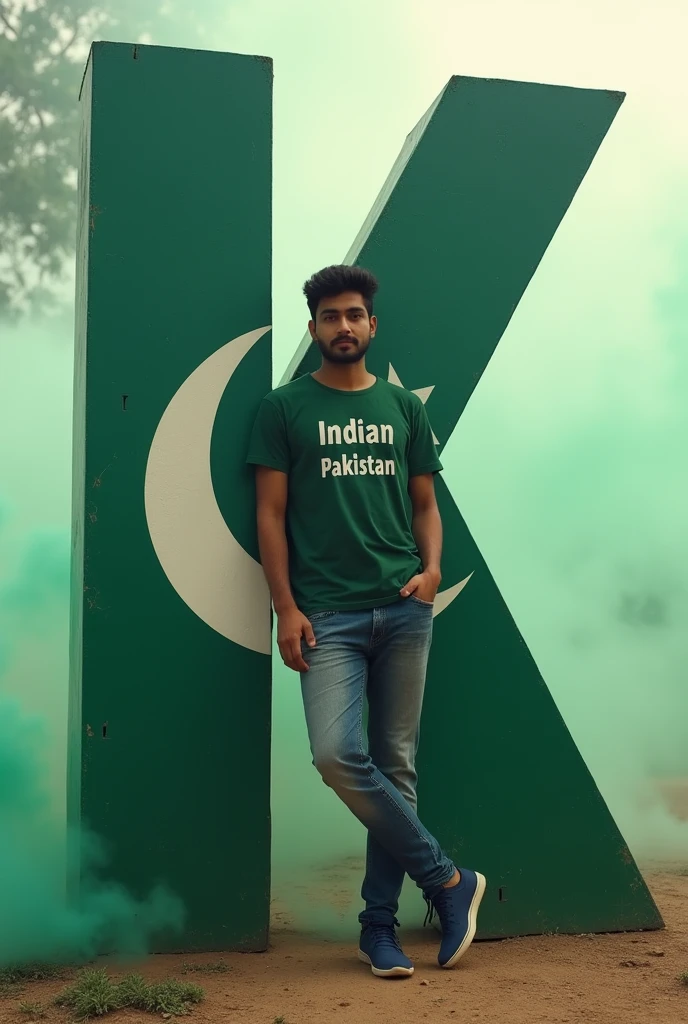 Happy Independence Day 14 August 2024 is written on big flag of Pakistan and a 25-year-old boy is standing in front of him wearing Army T-shirt, with name "khan ghar khan " written on t shirt, and holding the Pakistani flag in his hand, 3D art painting realistic high quality photo