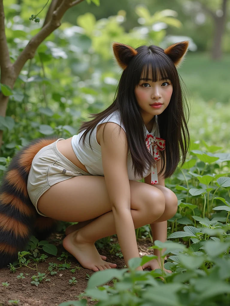 a wolf girl,(( with wolf tail, ))wolf tail, crouched in the middle of the forest