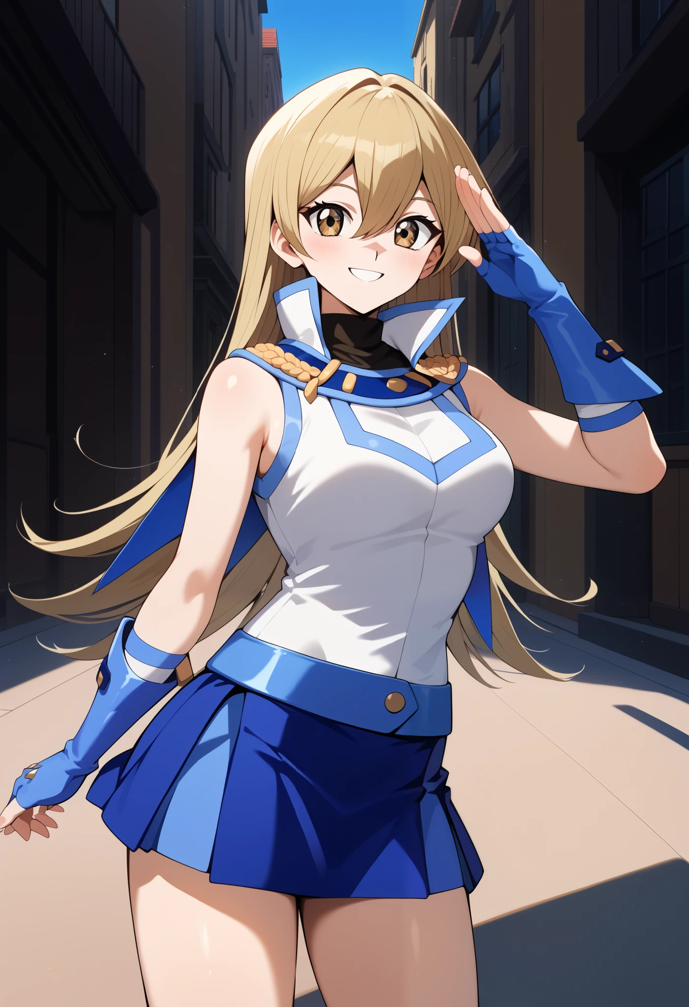 score_9, score_8_ up, score_7_ up, score_6_ up, score_5_ up, score_4_ up, source_Anime, I have Aaaska , long hair, blondes, brown eyes, Chest, turtleneck , white jacket , sleeveless, Fingerless Glove , blue gloves, mini skirt , BLUE SKIRT, smile, salute,