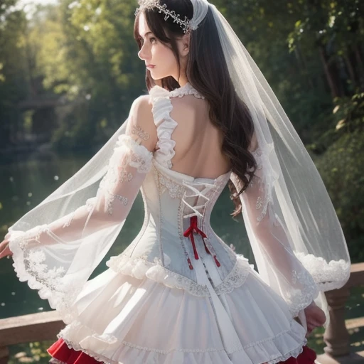 ((extremely detailed CG unity 8k wallpaper)), masterpiece, ultra-detailed, floating, high resolution, sexually suggestive, (petite, absurdly long white hair, princess, white mage, blue eyes, (ornate long white and red see through layered long dress with long detached wide sleeves and intricate embroidery), bridal veil, circlet, bridal gauntlets, blushing, shy, arched back, ruffled petticoat, ornate corset, Rose for Blackpink.