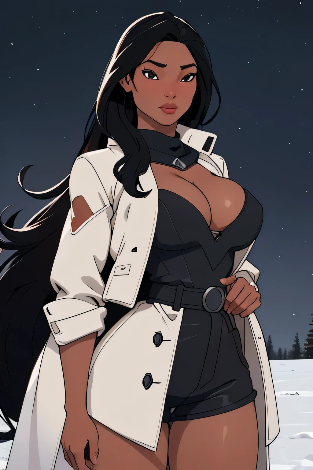 Fleece jacket, yoga pants, Goddess, Average Height, Skinny, Round Face, Dark Skin, Black Hair, Hazel Eyes with Green Flecks, Long Nose, Thick Lips, Receding Chin, Long Hair, Wavy Hair, Fringed Bangs, augmented breasts, Faux gauge earrings, peach satin lipstick, walk-in closet, moonlight, neutral light, <lora:epiNoiseoffset_v2Pynoise:2>